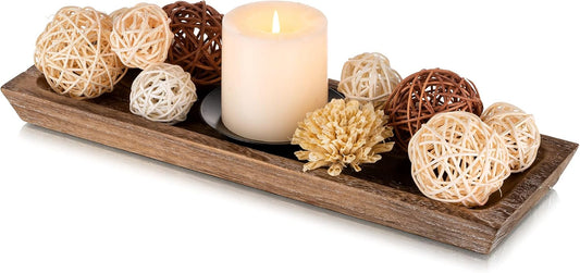 Hanobe Wooden Tray for Candle Decorative: Wood Rustic Long Centerpiece Trays Rectangle Narrow Farmhouse Decor for Dining Coffee Table Kitchen Fireplace Mantle