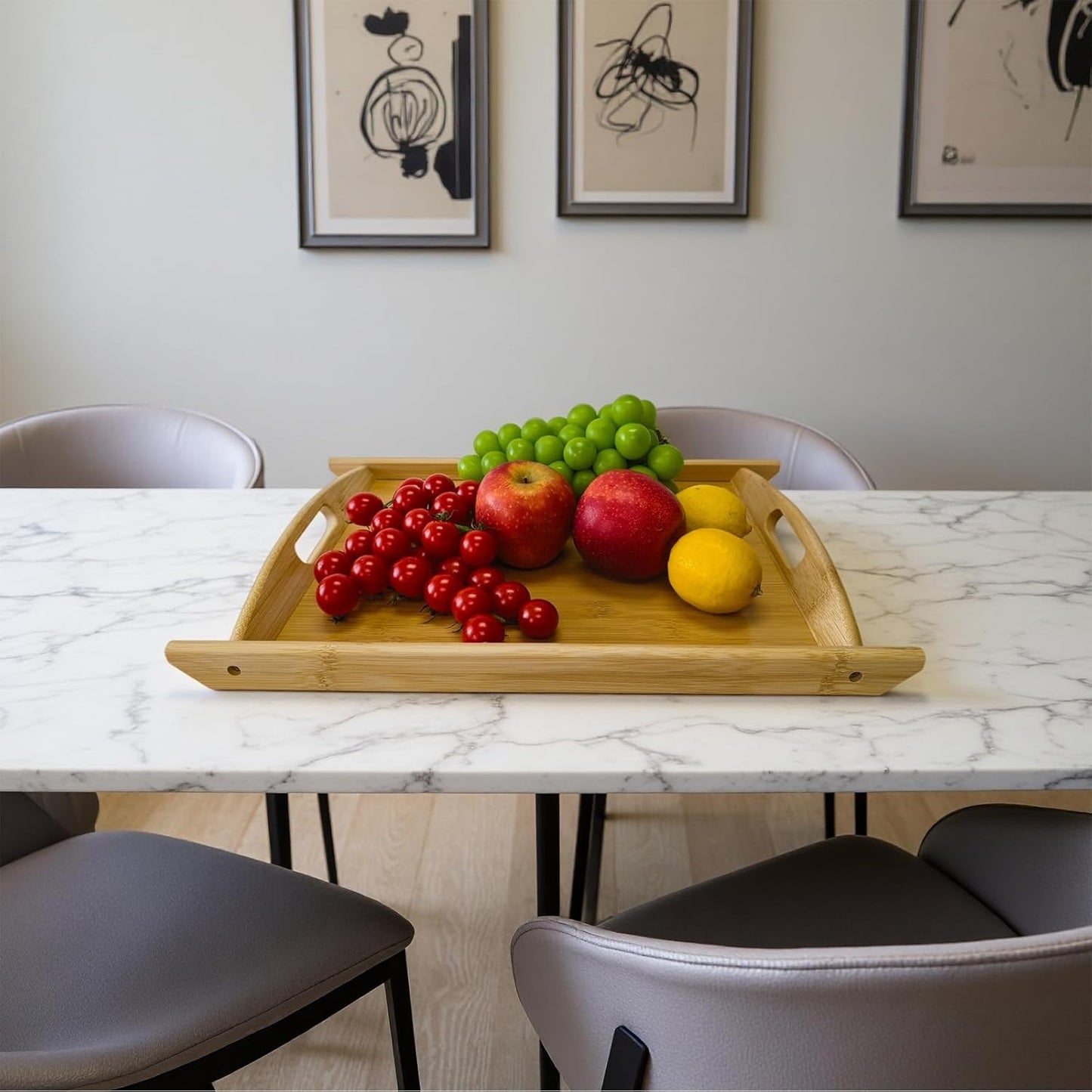 Bamboo Serving Tray Rectangle Platter Breakfast Dinner Food Bed Tray for Eating Kitchen Restaurants (1, 17.3" x 11.8" x 1.2" (with Handle))