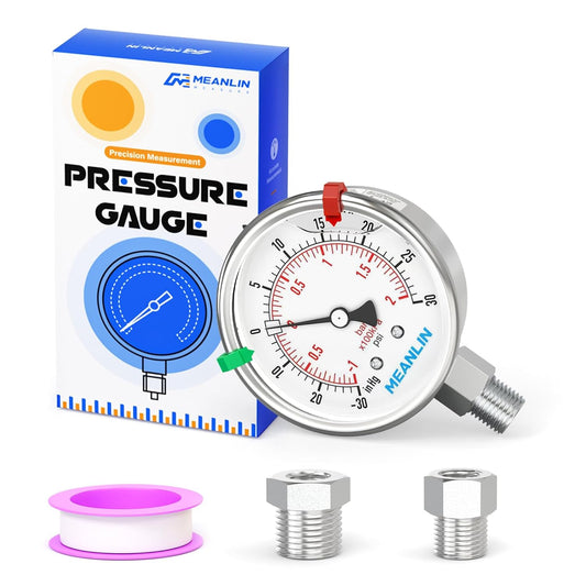 MEANLIN MEASURE -30inHG~30Psi Vacuum Pressure Gauge 316 Stainless Steel Joint 1/4"NPT 2.5"FACE DIAL, Liquid Filled Pressure Gauge WOG Water Oil Air Lower Mount with Stainless Steel Hex Bushing, Snaps