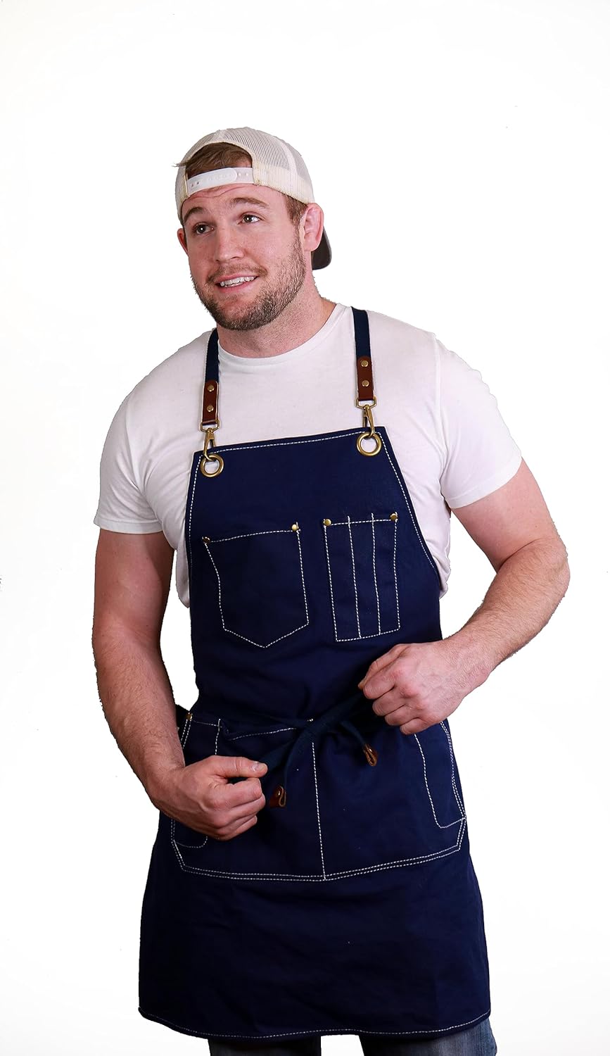 Caldo Canvas Kitchen Apron for Cooking - Mens and Womens Canvas Apron for Professional Chef, Server, or Barista- Adjustable with Pockets (Navy)