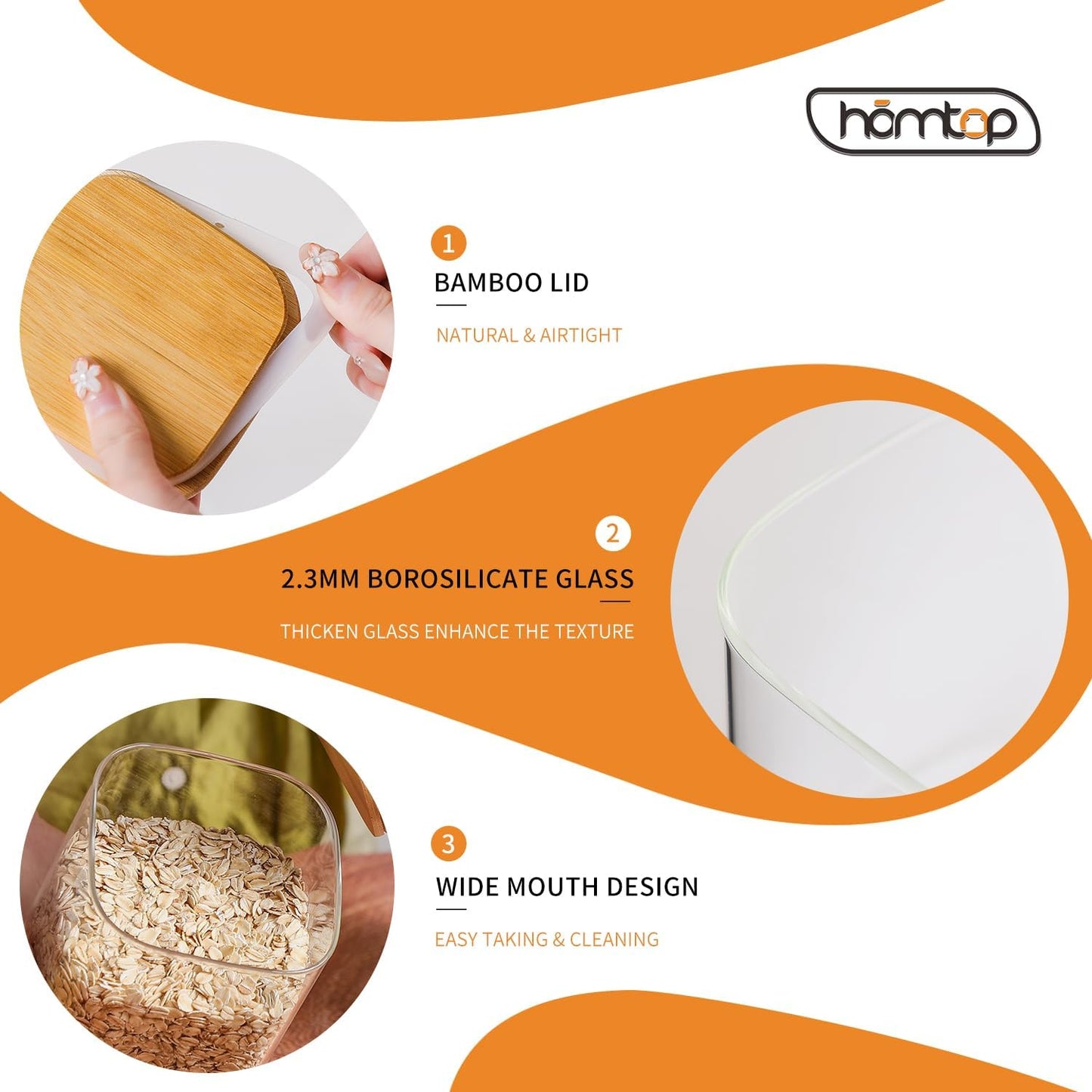 Glass Jars with Bamboo Lids 3 Pack, 74 Oz Airtight Square Storage Container, High Borosilicate Glass Kitchen Canisters for Soild food, Nuts/Cookies/Sugar/Pasta