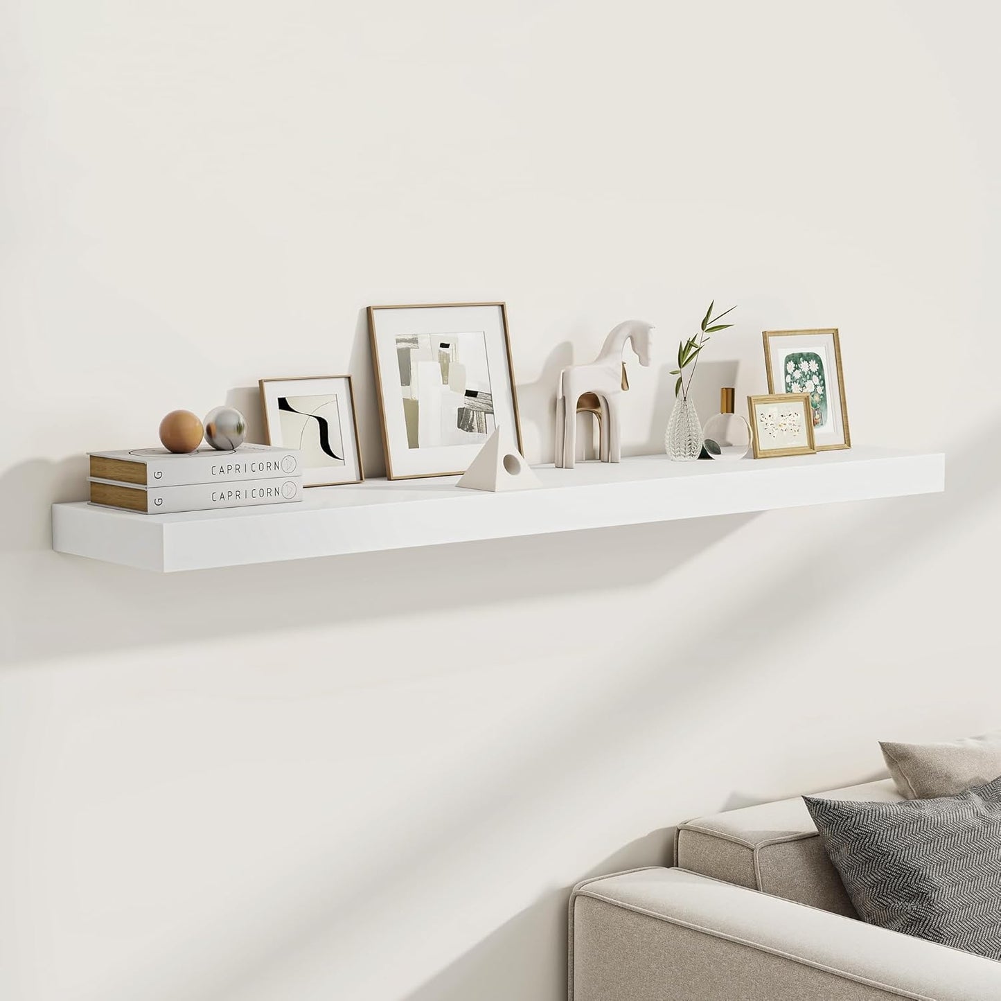 Fun Memories White Floating Shelves 48 InchLong, 9 Inch Deep Floating Shelves, Solid Wood Shelves for Home Decor, Deep Storage & Display Shelves for Living Room, Bathroom, Kitchen, Set of 1