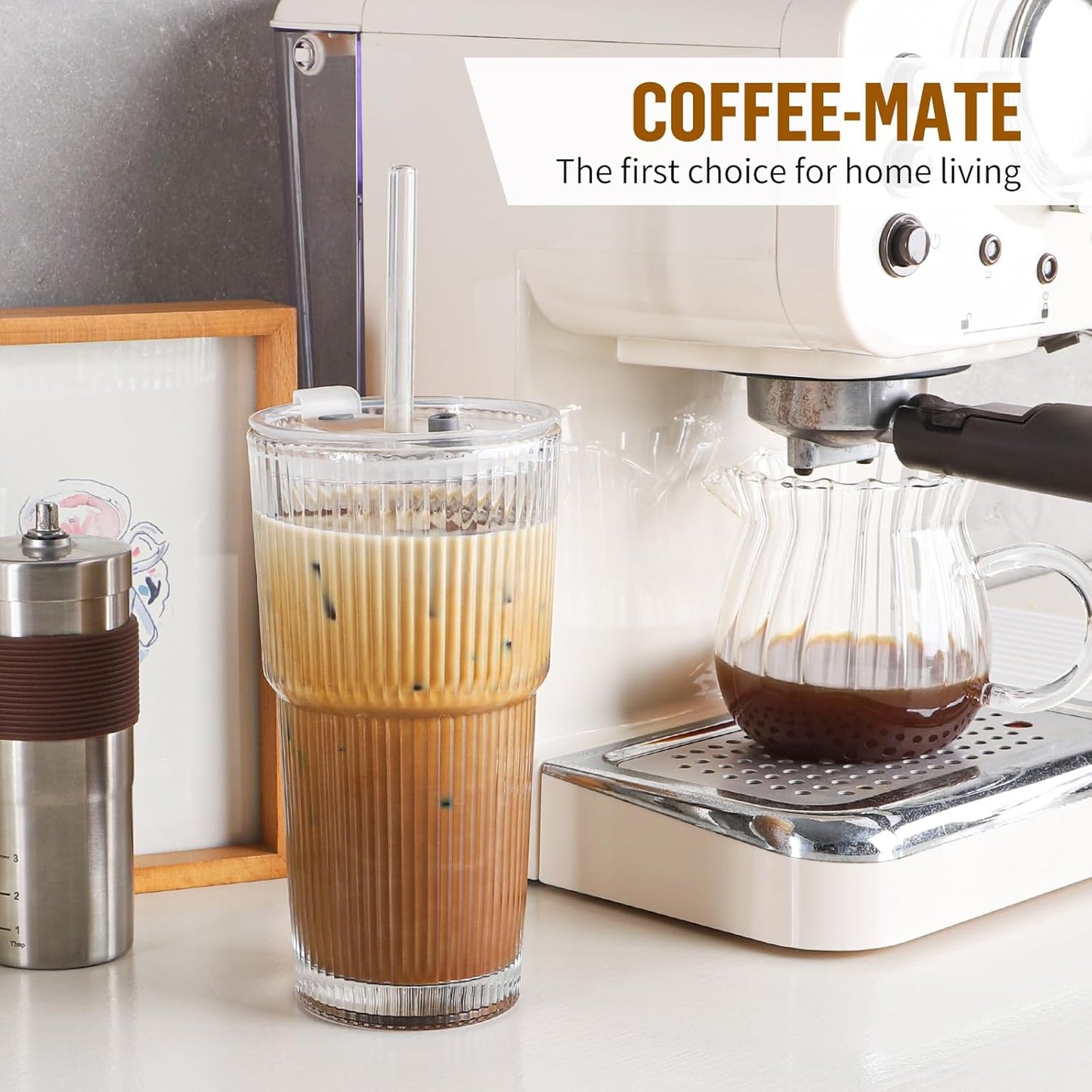 20 oz Glass Cup with Lid and Straw, Glass Tumbler with Straw and Lid, Vintage Glassware for Whiskey Cocktail Beer, Iced Coffee Cups with Lid (1 PACK)