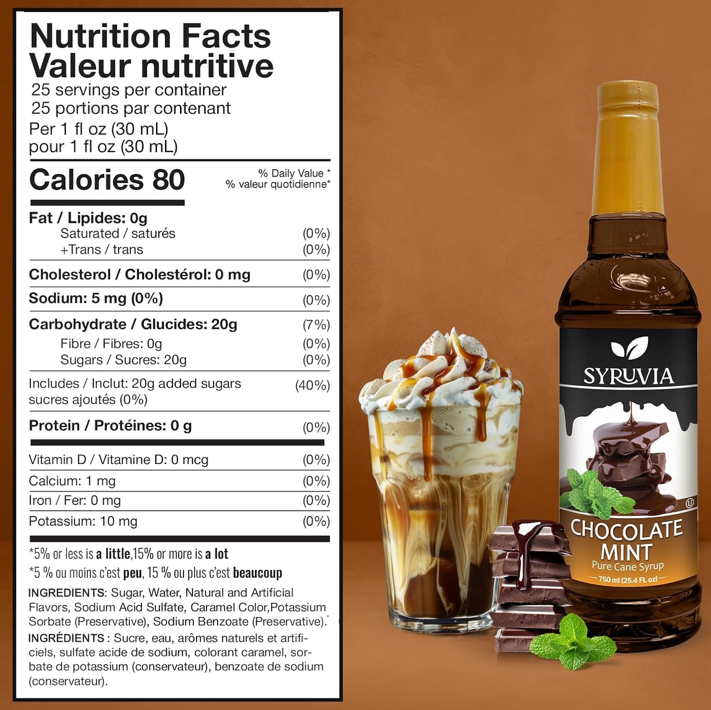 Syruvia Chocolate Mint Coffee Syrup - 25.4 fl oz - Kosher Coffee Syrups, Gluten Free, No Coloring, Perfect for Drinks, Soda, Shakes, Desserts, and More.