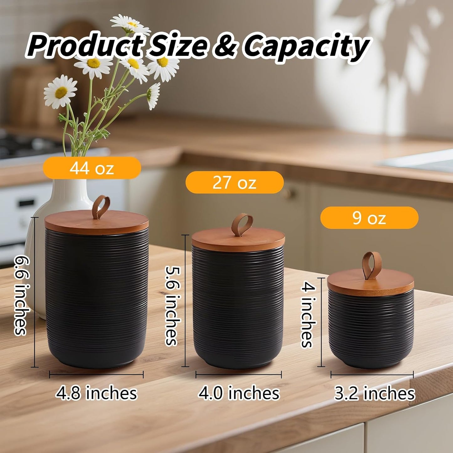 Food Storage Jar Strong Ceramic Storage Canisters with Airtight Wooden Lid,Kitchen Storage Containers for Serving Coffee Beans, Tea, Sugar, Salt, Spices (Black three-piece set)
