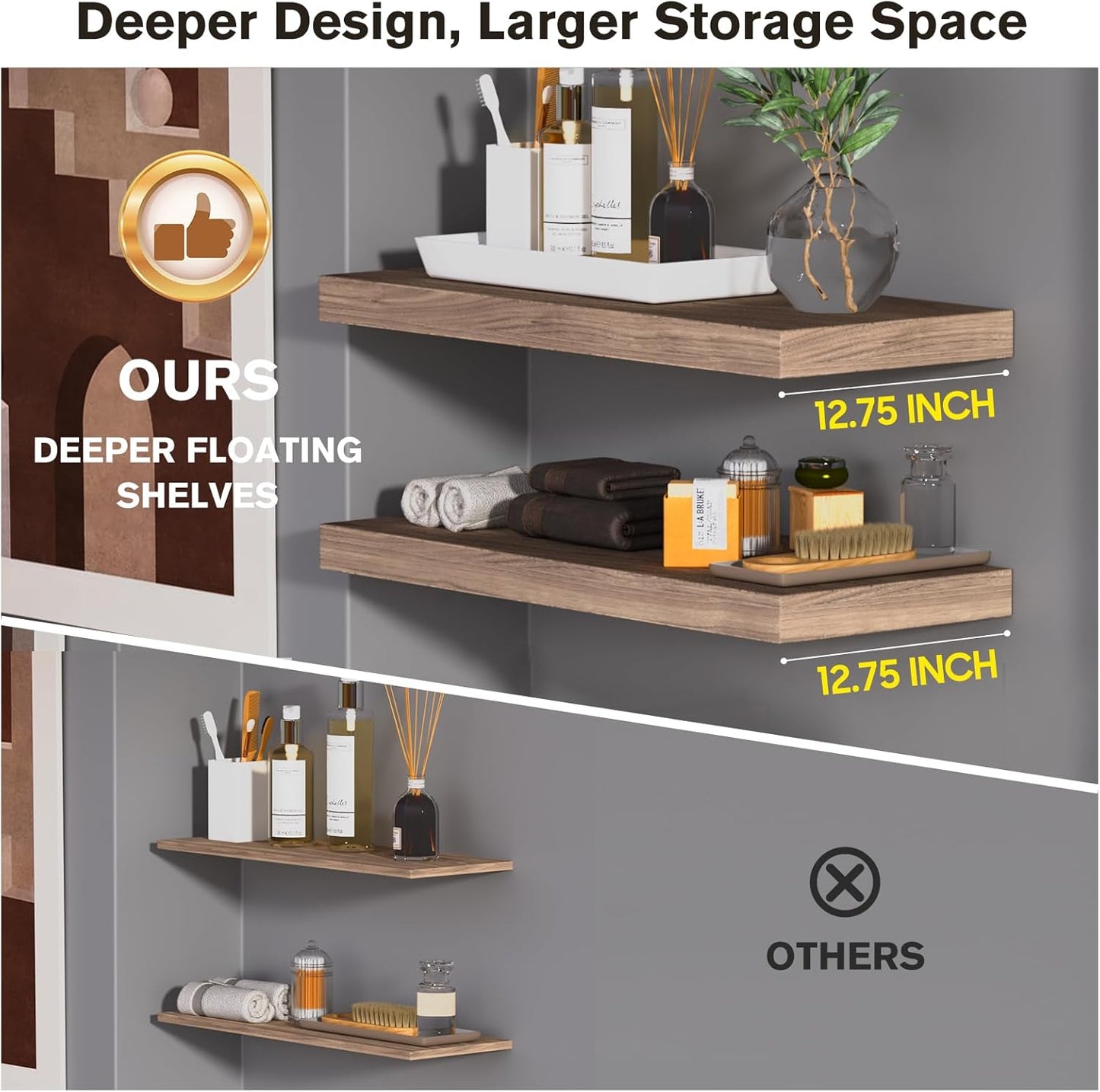 Floating Shelf, Set of 3 Wall Shelf, 24 in W x 12.75 in D x 2 in H Wooden Floating Wall Shelf with Invisible Brackets for Living Room/Bedroom/Bathroom/Kitchen Storage and Decor, Walnut