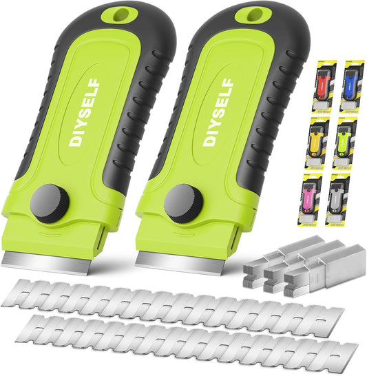 DIYSELF 2 Pack Razor Blade Scraper with 30 Pcs Spare Blades, Heavy Duty Scraper Tool, Scraper for Cleaning, Glass Top Stove, Paint Scraper, Razor Scraper, Glass Scraper, Oven Scraper