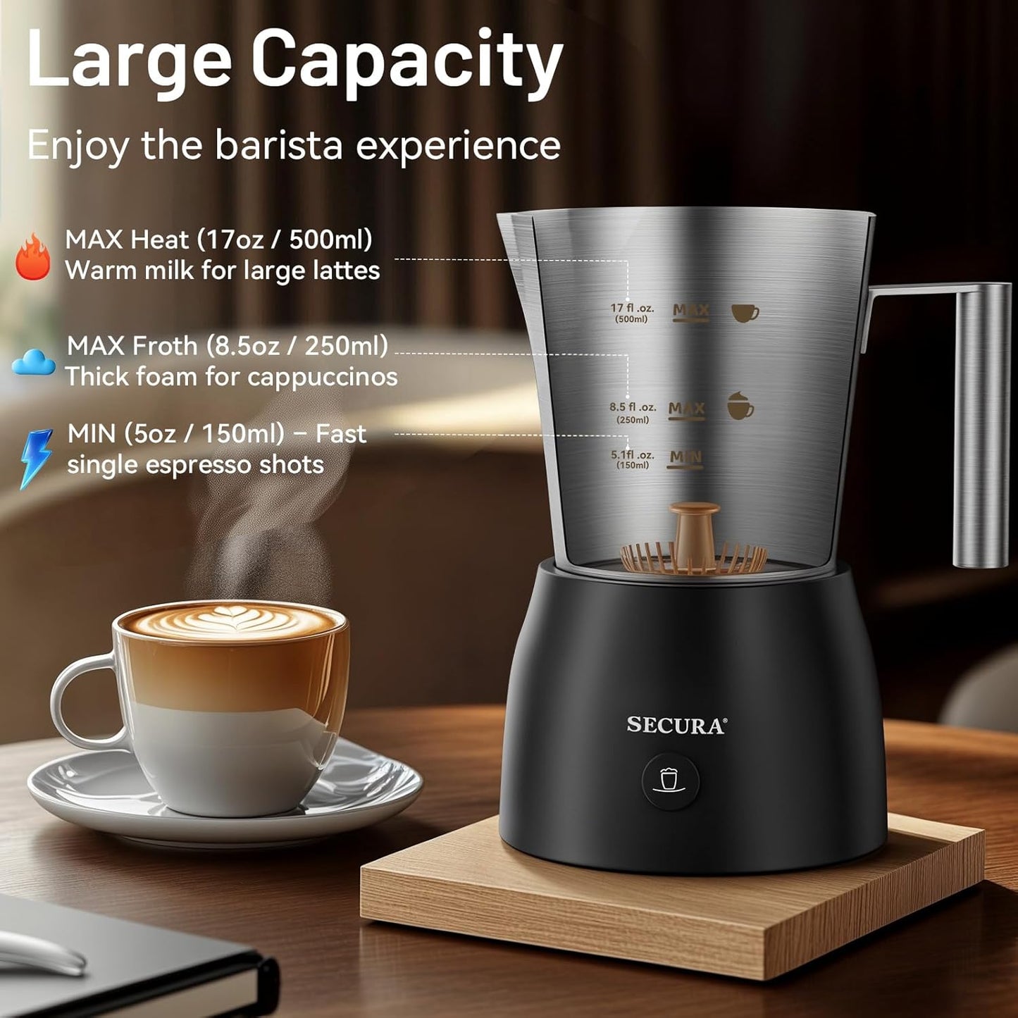 Secura Detachable Milk Frother, 17oz Electric Milk Steamer Stainless Steel, Automatic Hot/Cold Foam and Hot Chocolate Maker with Dishwasher Safe, 120V