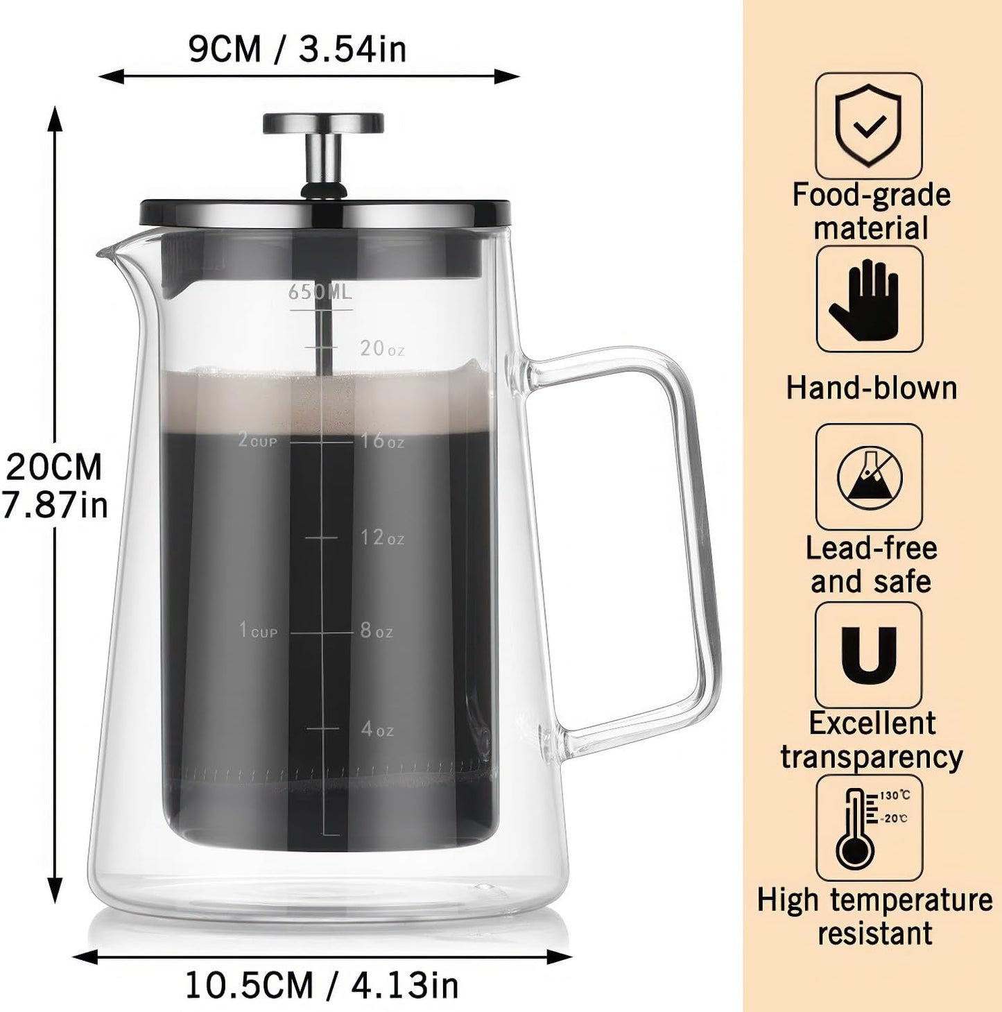 French Press Coffee Maker 22Oz - Double-Wall Insulated Borosilicate Glass - Ergonomic Handle - Coffee Gift - Tea & Coffee Press