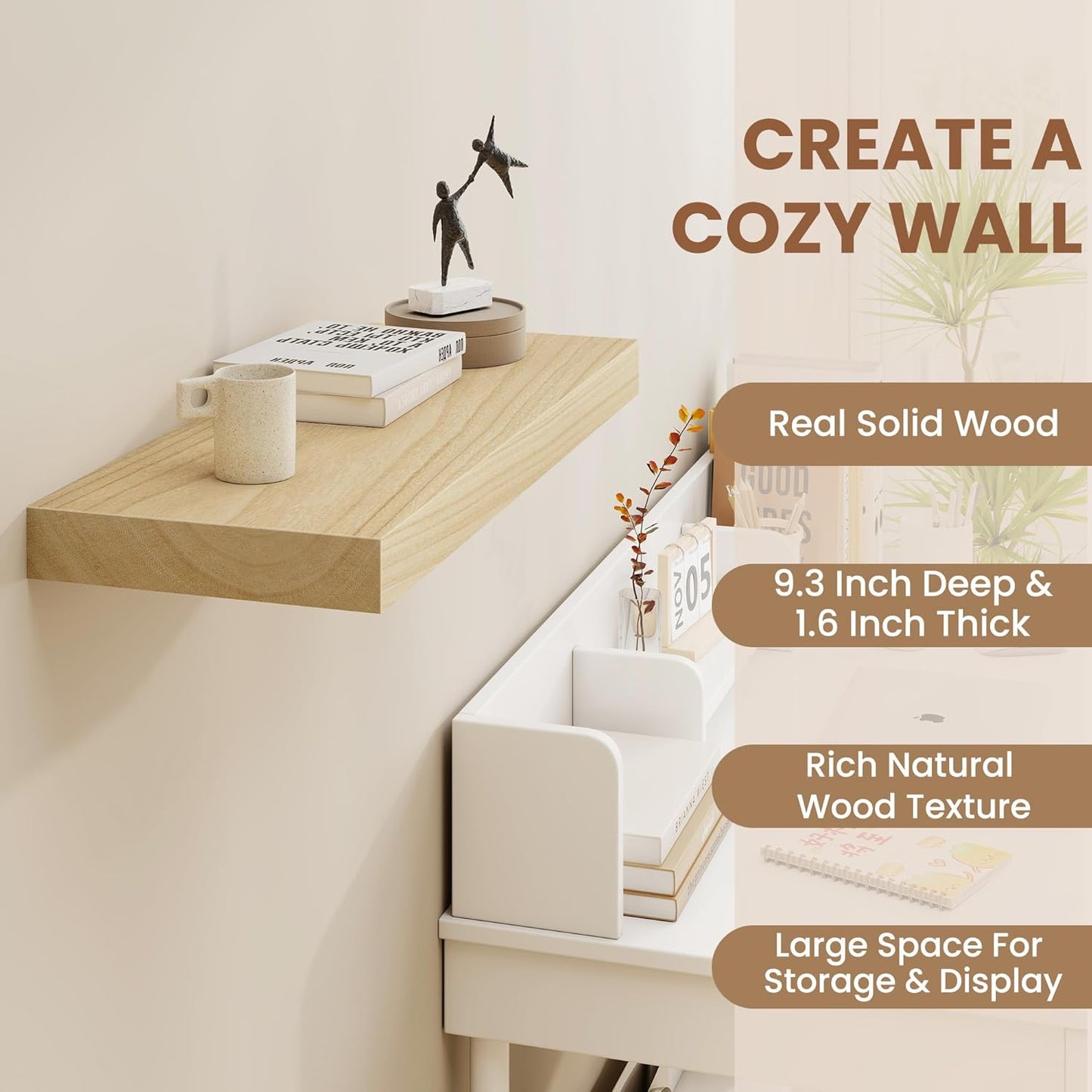 Floating Shelves24 Inch Long , 9 Inch Deep Floating Shelves for Wall, Solid Wood Floating Shelf, Deep Wall Shelves for Living Room, Bathroom, Kitchen, 24"W x 9.3"D x 1.6"H, Burlywood, Set of 2