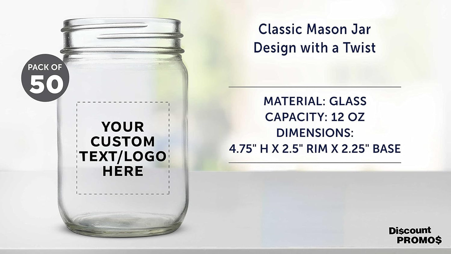 DISCOUNT PROMOS Custom Decorating Mason Jars 12 oz. Set of 50, Personalized Bulk Pack - Glass Jars for Overnight Oats, Candies, Fruits, Pickles, Spices, Beverages - Clear