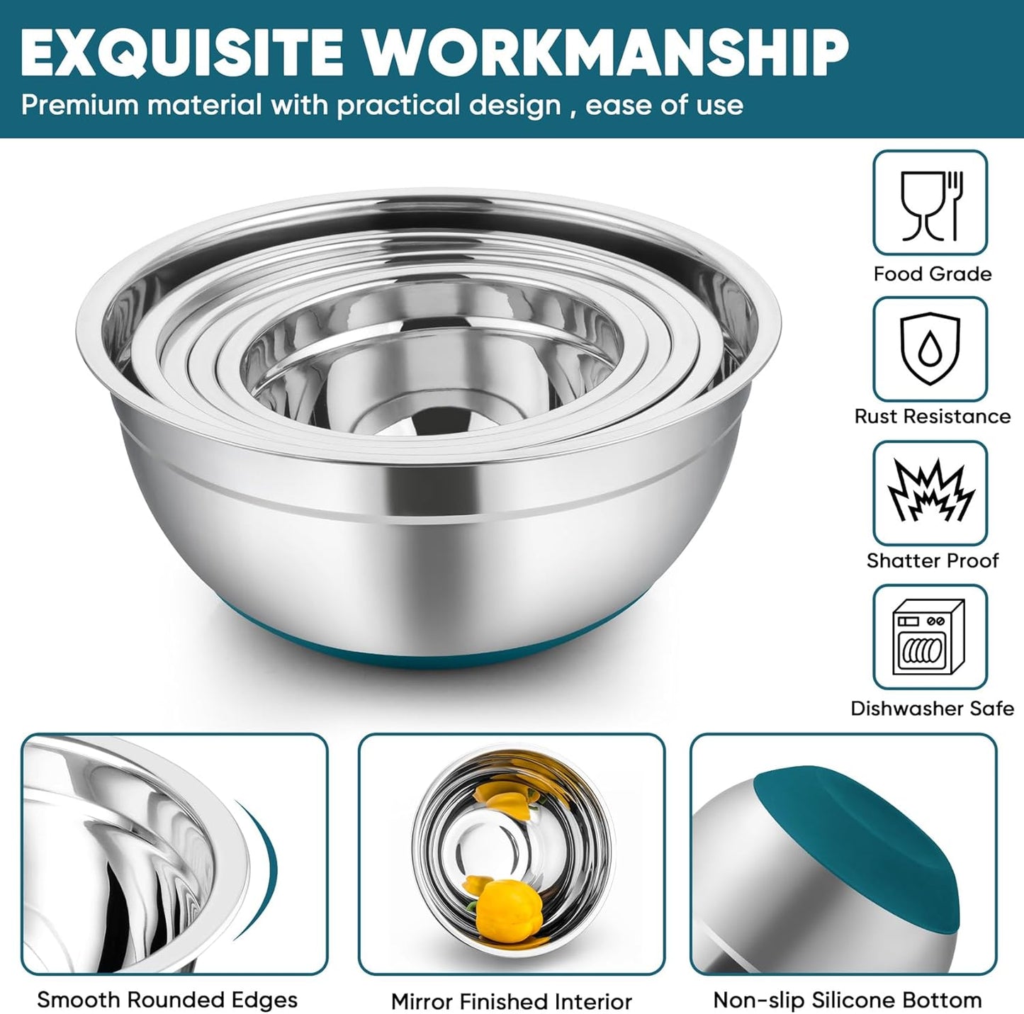 TeamFar Mixing Bowls with Lids Set, 7/3.5/2.5/1.5/1 QT, Stainless Steel Large Metal Nesting Salad Bowl Set of 5, Healthy & Sturdy, Non-slip Bottom & Airtight Lid-Blue