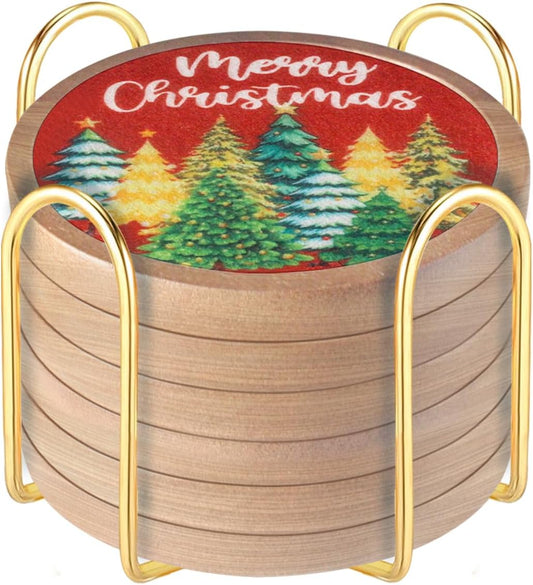 Christmas Tree Coasters for Drinks with Holder, Minacun Absorbent Coaster Set of 6, White Elephant Gifts, Secret Santa Gifts, Xmas Decor, Drinks Coasters for Coffee Tabletop Protection, 4.3 Inches