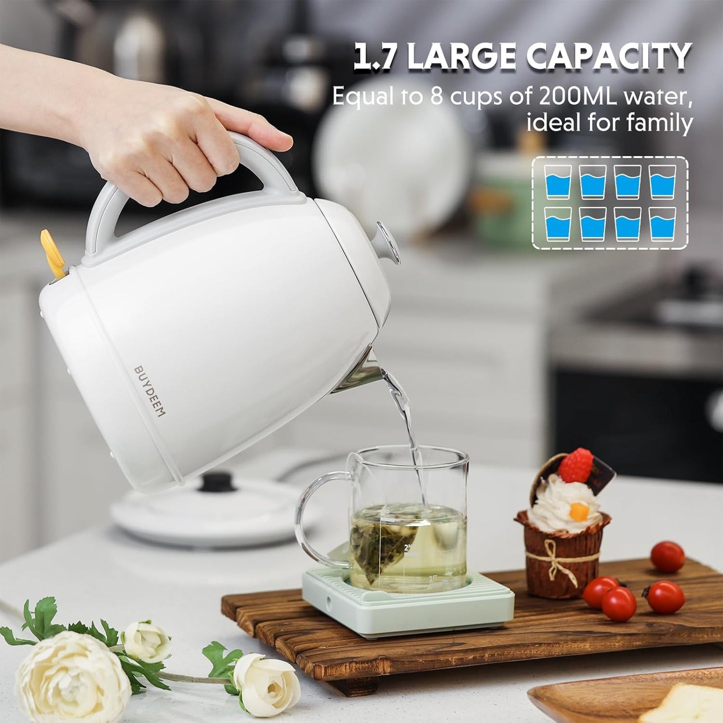 BUYDEEM K640 Stainless Steel Electric Tea Kettle with Auto Shut-Off and Boil Dry Protection, 1.7 Liter Cordless Hot Water Boiler with Swivel Base, 1440W, Arctic White