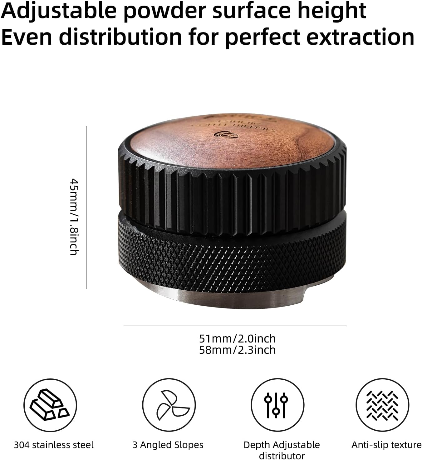 Bincoo 51mm Espresso Distributor Hand Tamper - Adjustable Coffee Leveler Tool for 51mm Portafilter, Walnut Wood Lid, 3-Slope Base Adjustable Depth Espresso Distributor for Barista