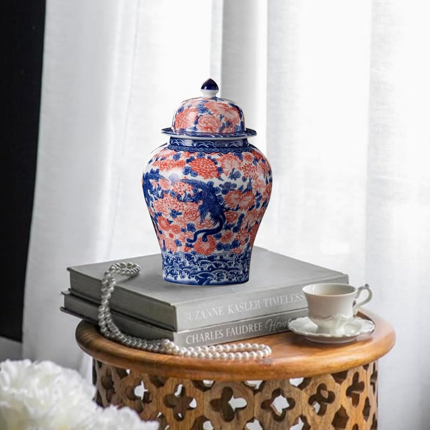 8 inches Phoenix Ginger Jar - red Ceramic Decorative with Lid flower vase， chinoiserie gift Enamel jars for Home/Kitchen/Dining/living room/shelf decor/Tea Storage