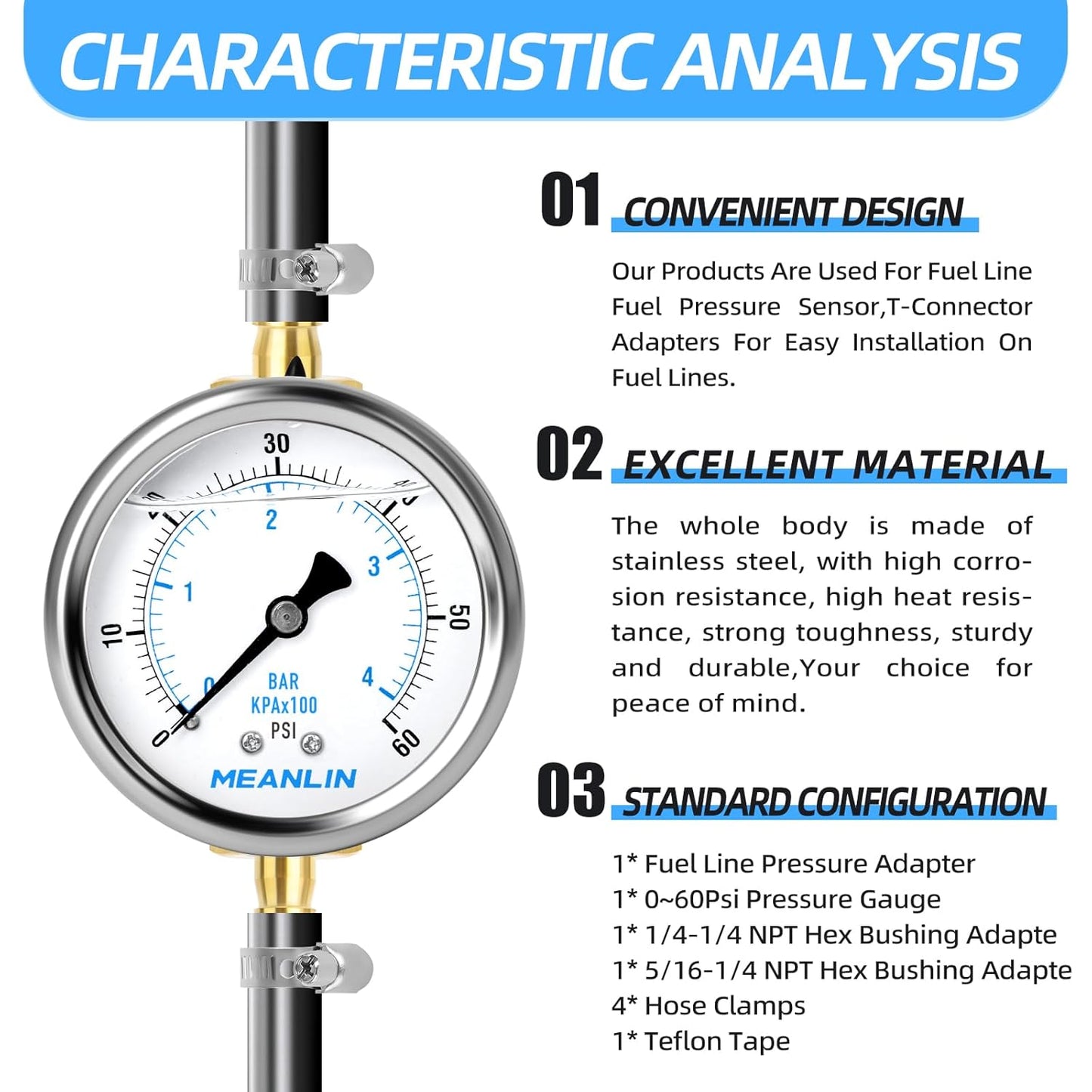 MEANLIN MEASURE 0-60Psi Stainless Steel Liquid Filled Pressure Gauge 1/4" NPT 2.5" FACE DIAL, with 1/4" 5/16" Barbed, WOG Water Oil Air (9Pieces KIT, Back Mount)