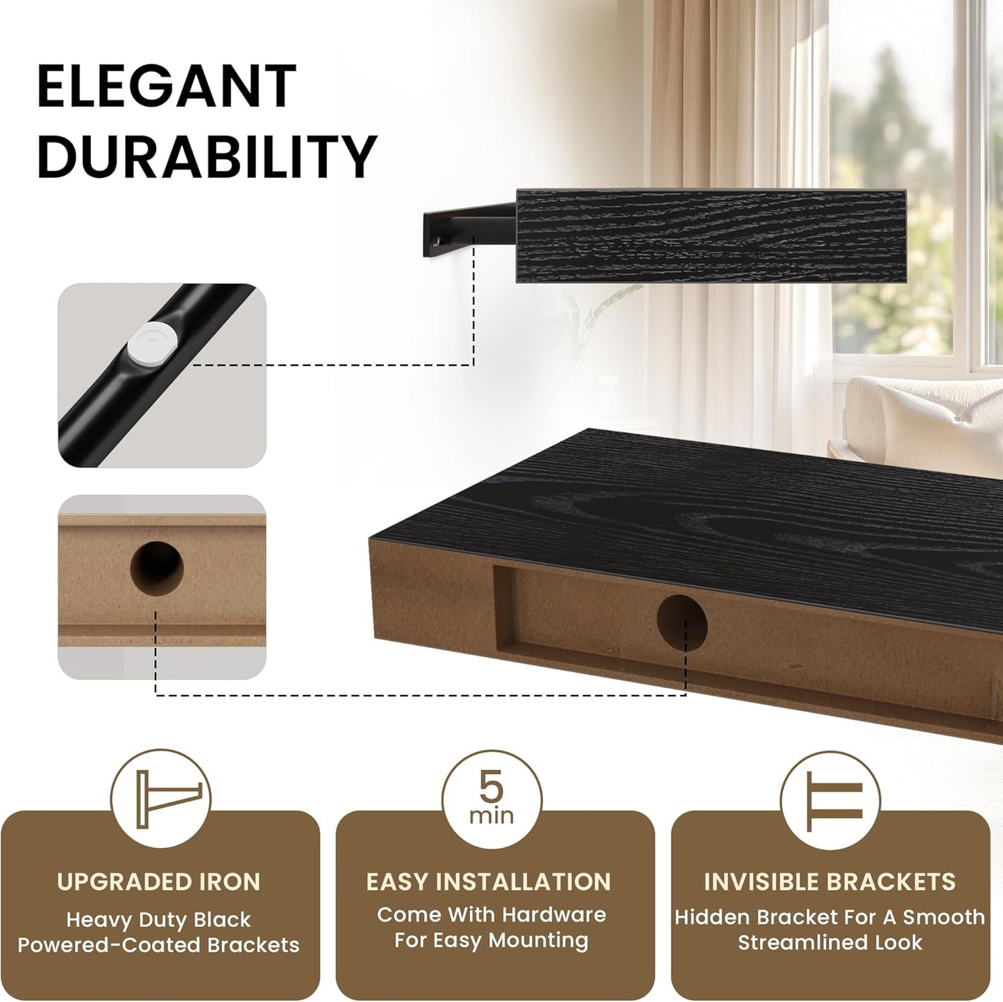 Floating Shelves for Wall, 40" W x 8" D x 1.5" H, Wooden Wall Mounted Display Shelves with Invisible Brackets for Living Room, Bedroom, Bathroom, Kitchen Decor and Storage, Set of 2, Black