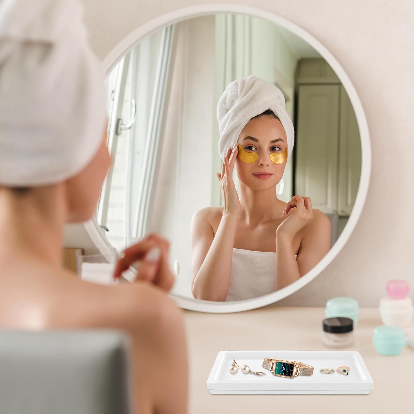 Acacia Rectangle Organizer Tray - 11.8 x 5.9 Inches, Soap Tray for Bathtub Countertop Sink Dresser Toilet Tank - Home Decoration for Jewelry Dish Key Plate (White)