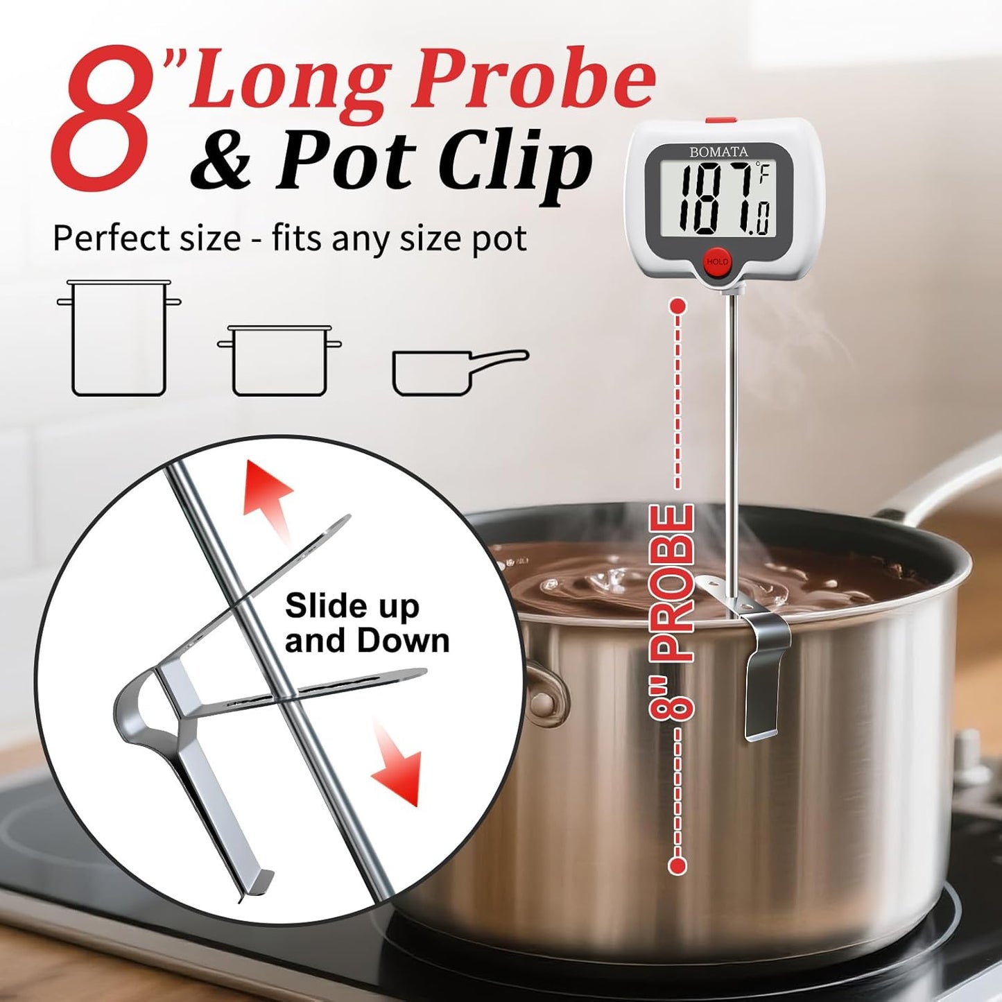 BOMATA Candy Thermometer with Pot Clip, Instant Read Cooking Thermometer with 8" Long Probe, Rotating Display, for Candy Making, Food, Candle Making, Liquids, Water, Baking, Sugar, Grilling. White