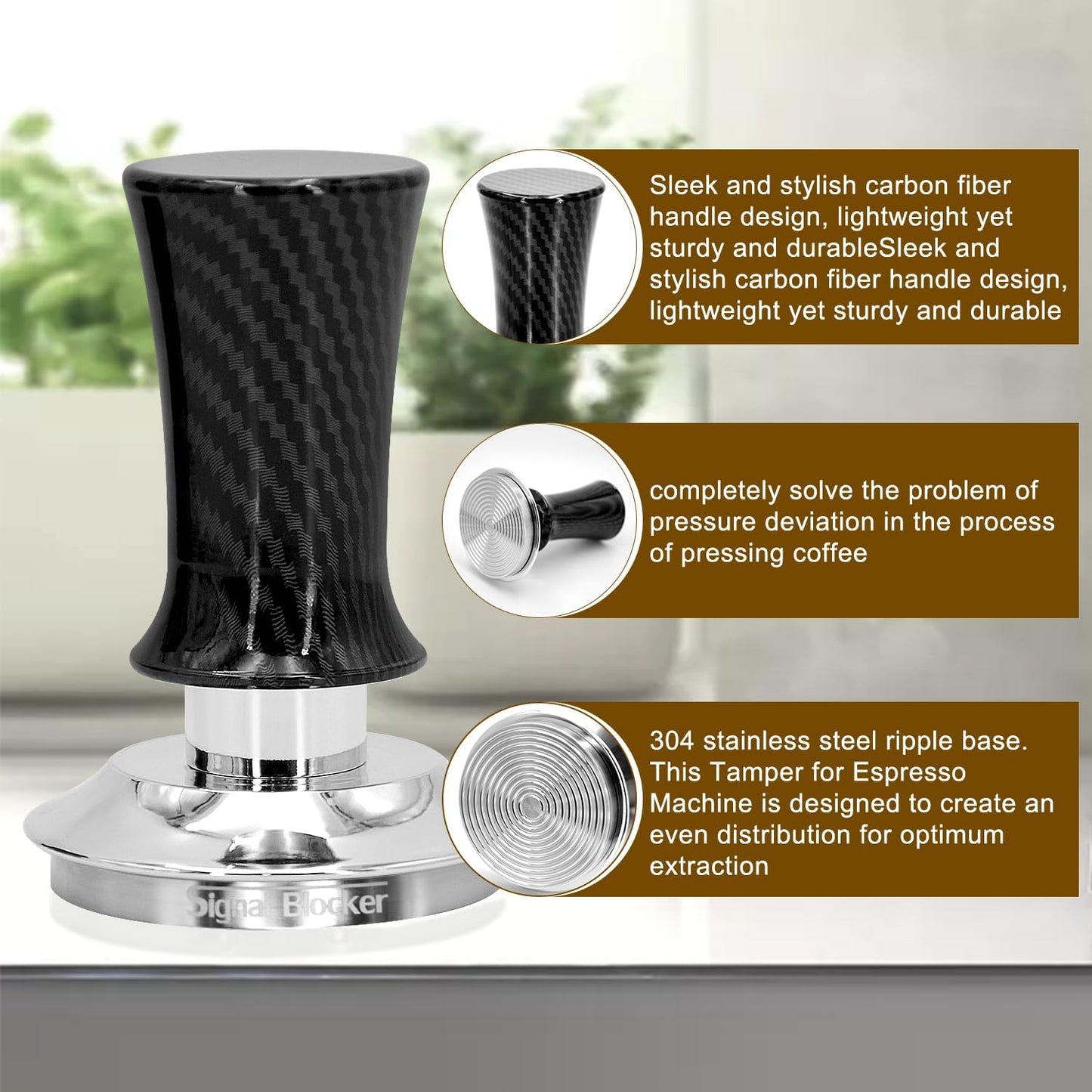 53mm Espresso Coffee Tamper for Espresso Machine: Calibrated Spring Loaded & Stainless Steel Ripple Base - Carbon Fiber Handle with Constant 30lb Fits All 54mm Portafilters | Bundle Including WDT Tool