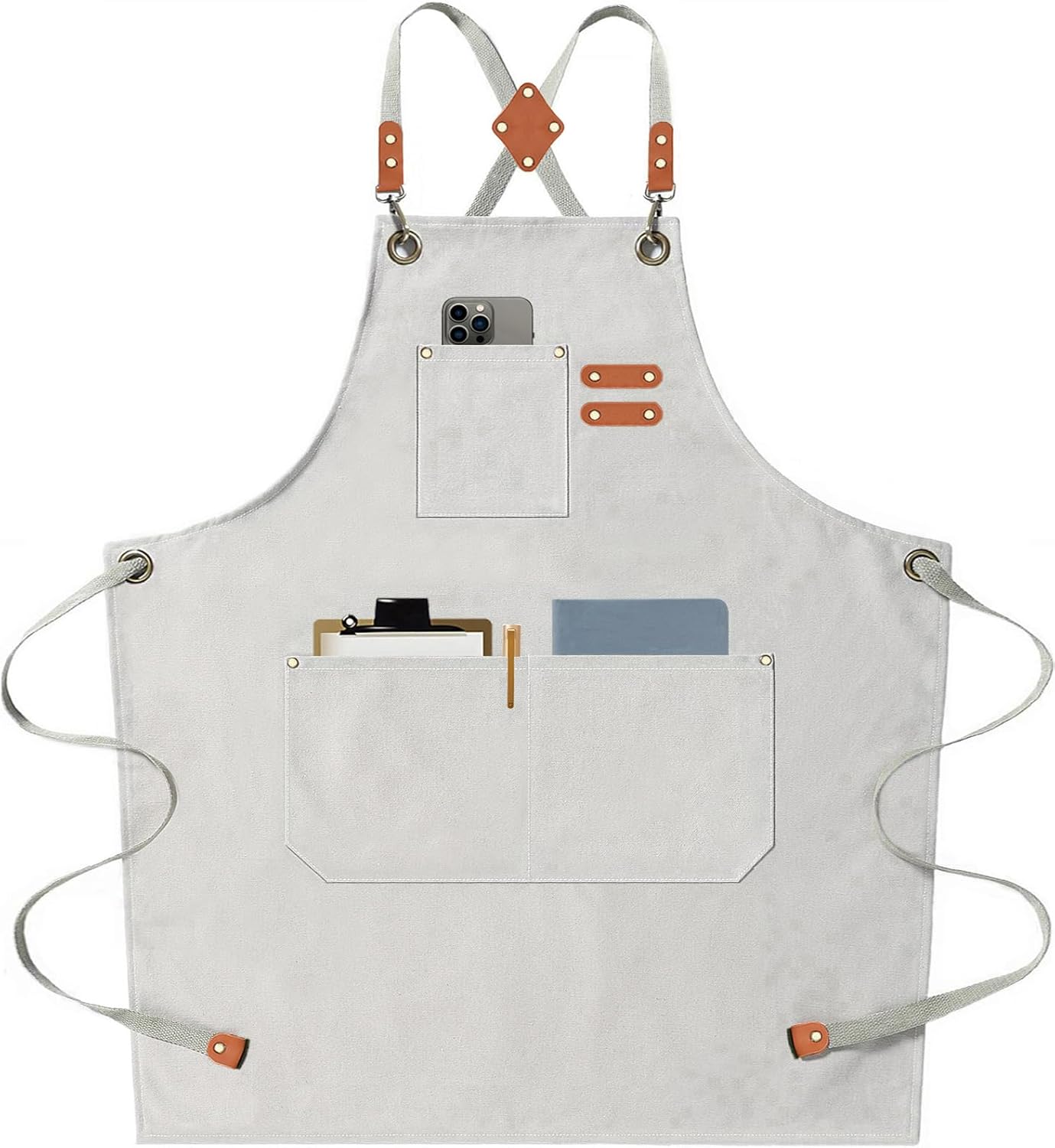 AFUN Chef Aprons for Men Women with Large Pockets, Cotton Canvas Cross Back Heavy Duty Adjustable Work Apron, Size M to XXL (Beige)