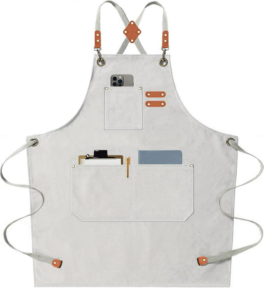 AFUN Chef Aprons for Men Women with Large Pockets, Cotton Canvas Cross Back Heavy Duty Adjustable Work Apron, Size M to XXL (Beige)
