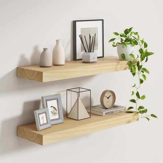 Fun Memories Deep Floating Shelves 30 Inch Long, Natural Wood Floating Shelf for Wall, Set of 2, Rustic 9 Inch Deep Wall Shelves, Deep Bathroom Shelves for Storage & Display, Burlywood