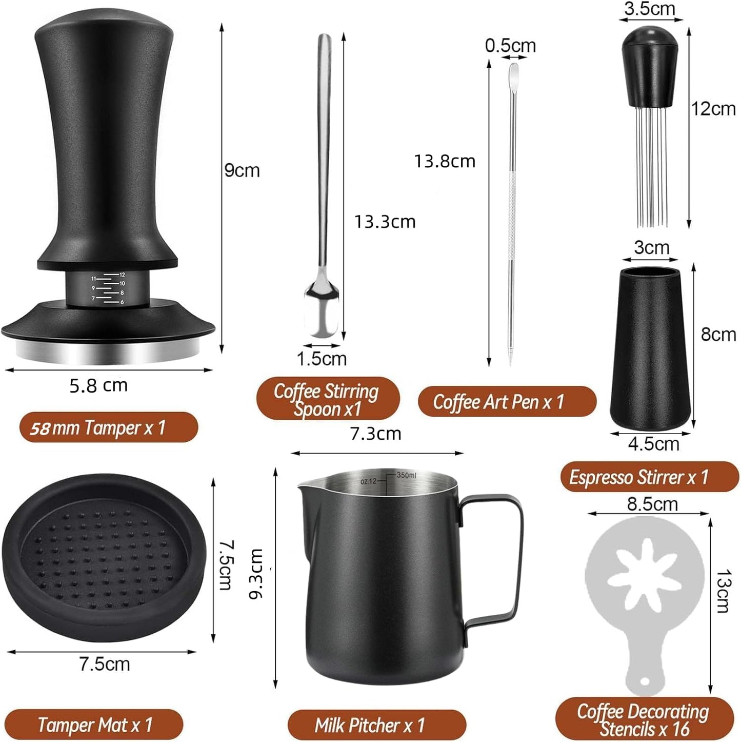 22 PCS Espresso Accessories Kit，58mm Coffee Tamper Set ，Barista Kit， - with Frothing Pitcher，WDT Tool，Stirrer，Tamper Mat ，Coffee Stencils，Latte Art Pen