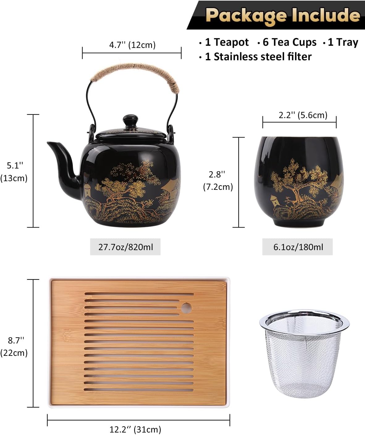 Dujust Japanese Tea Set, Black Porcelain Tea Set with 1 Teapot Set, 6 Tea Cups, 1 Tea Tray, 1 Stainless Infuser, Beautiful Asian Tea Sets for Adults, Tea Lover/Women/Men (Countryside in Golden)