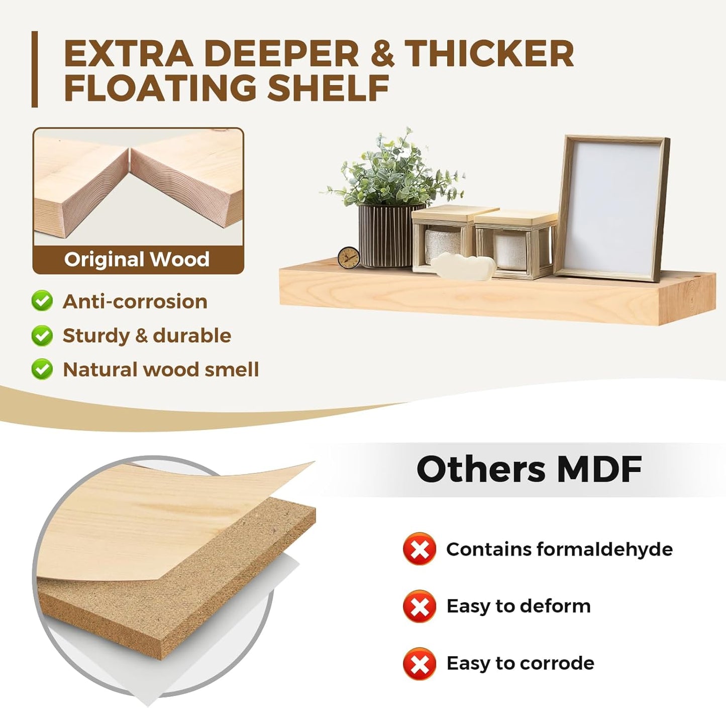 24x8x1.6 inch Floating Shelves Set of 2 – Solid Wood Rustic Wood Wall Mounted Shelf for Kitchen, Bathroom, Living Room