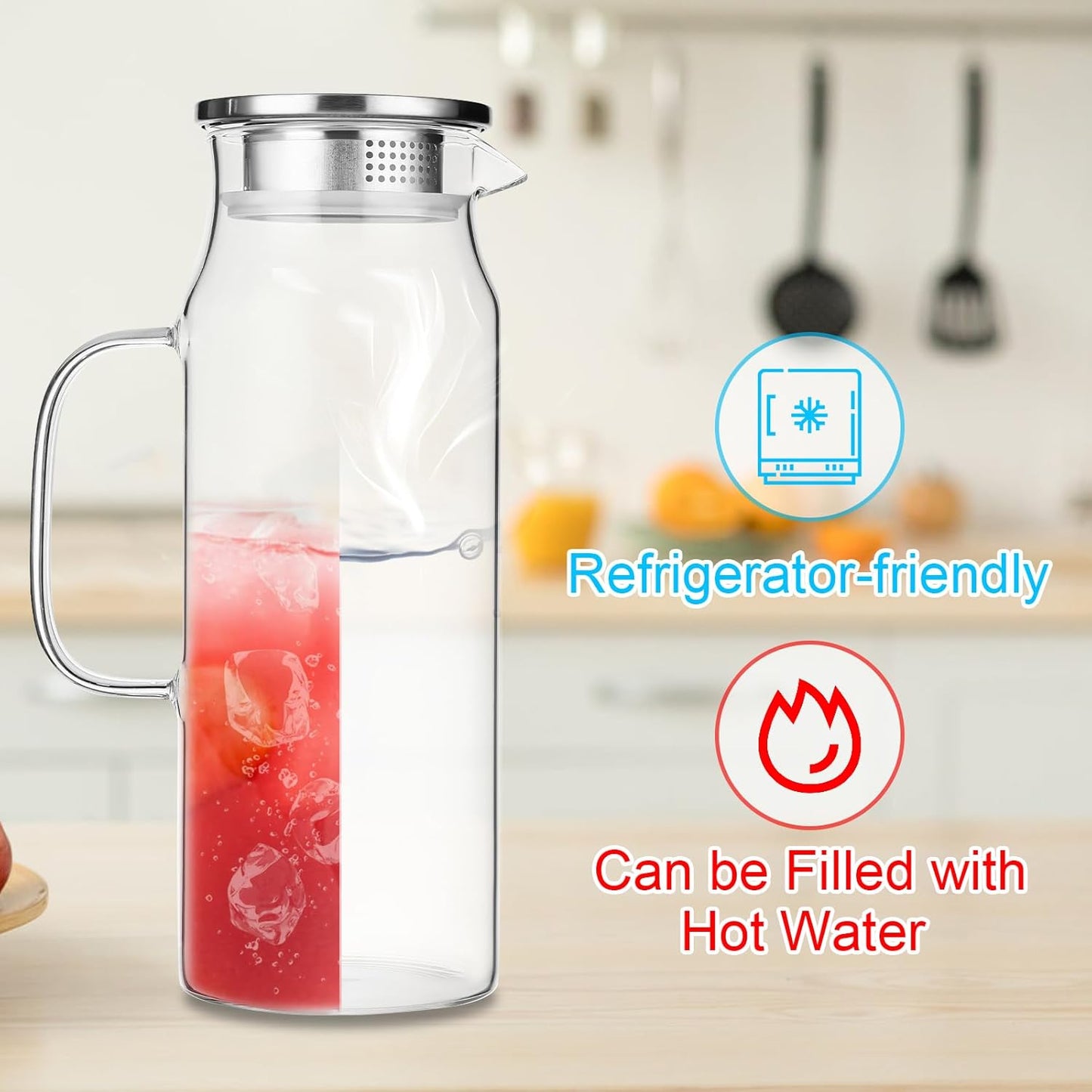 2 Pack 2L/68 oz Glass Pitcher with Lid and Handle,Square Water Pitchers for Fridge, Leak-Proof Spout,Large Ice Tea Jug for Hot/Cold Drinks, Ideal for Cold Brew, Juice, Iced Tea