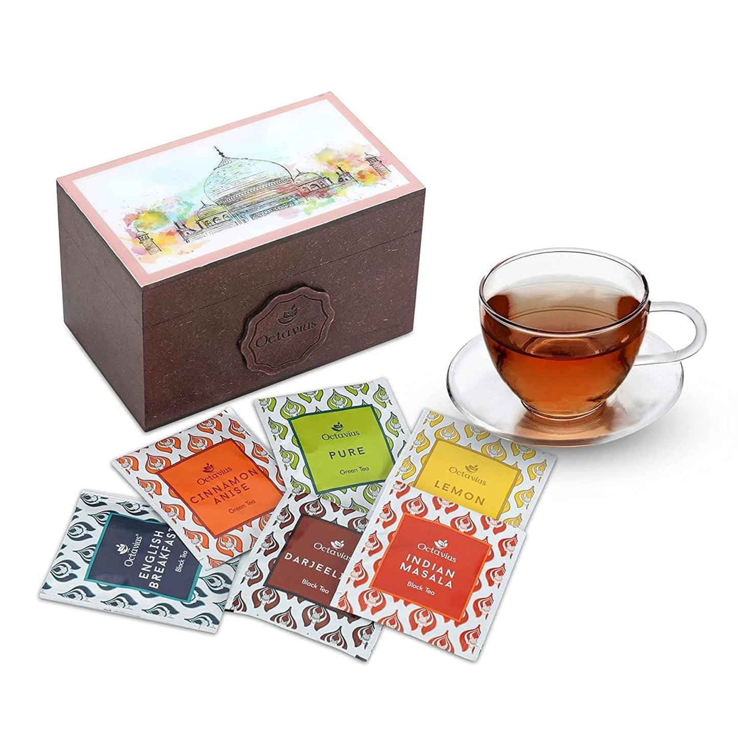 Octavius Assorted Tea Gift Set | 6 Assorted Black & Green Teas | 30 Teabags | Wooden Tea Sampler Pack w/Taj Print Design | Pack of 1