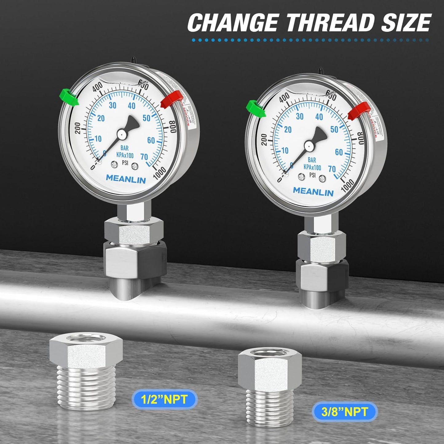MEANLIN MEASURE 0~1000Psi Stainless Steel Liquid Filled Pressure Gauge 2.5" FACE DIAL 1/4" NPT for WOG Water Oil Air Lower Mount with Stainless Steel Hex Bushing and Snaps
