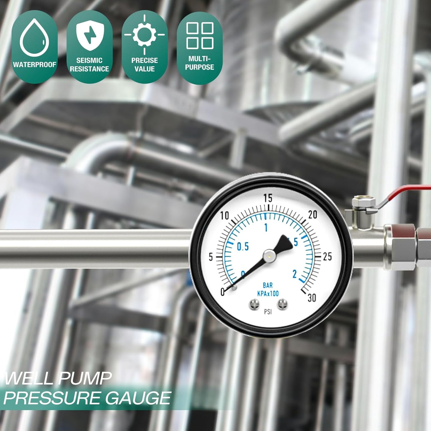 0-30PSI Well Pump Pressure Gauge 2" Dial Size, 1/4" NPT Back Mount, 3-2-3% Accuracy, for Tube, Water Pump, Gas, Liquid, Pressure Test