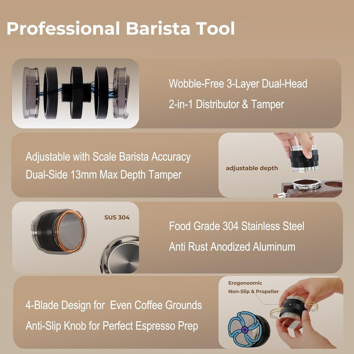 53mm Coffee Distributor & Tamper - Dual Head Adjustable Depth for Breville Barista Pro/Express/Touch - 304 Stainless Steel Compatible with 54mm Bottomless Portafilter, Black