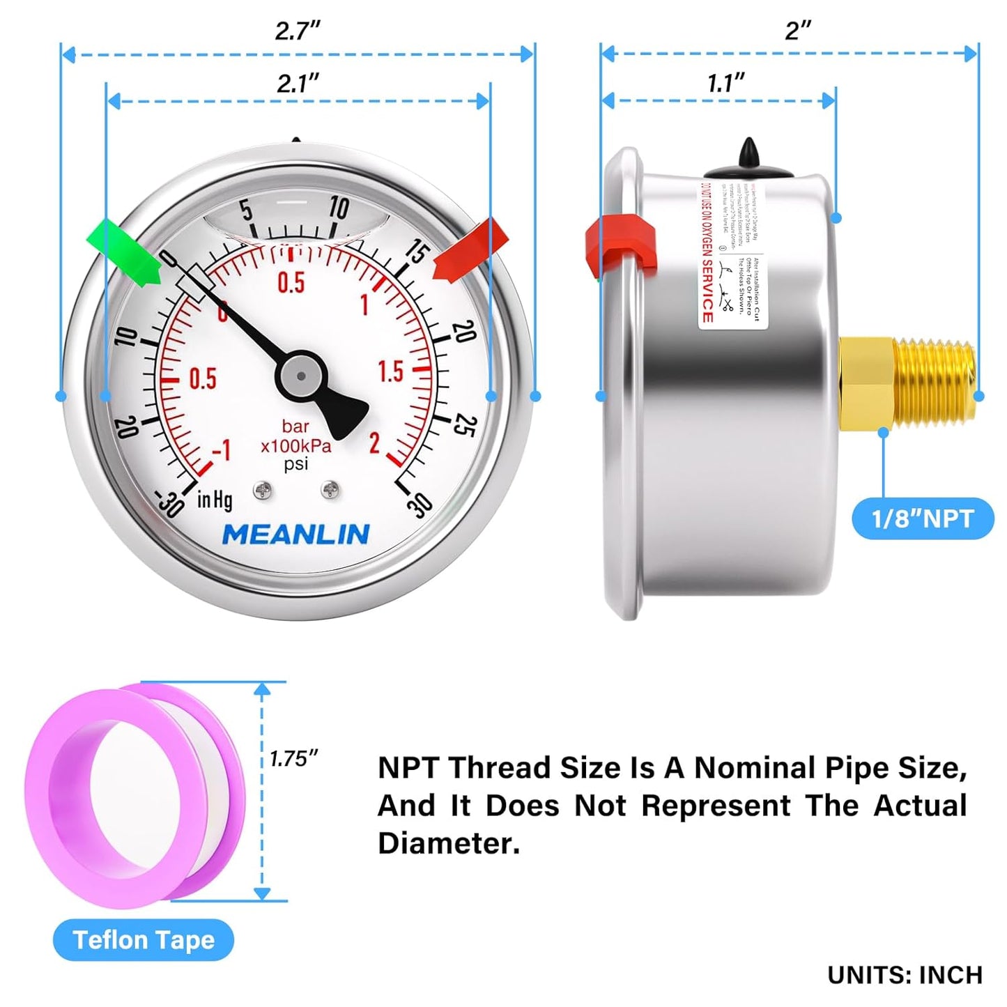 MEANLIN MEASURE -30inHG~30Psi Vacuum Pressure Gauge 1/8" NPT 2.5" FACE DIAL, Stainless Steel Liquid Filled Pressure Gauge WOG Water Oil Air Center Back Mount (with 2PCS Snaps)
