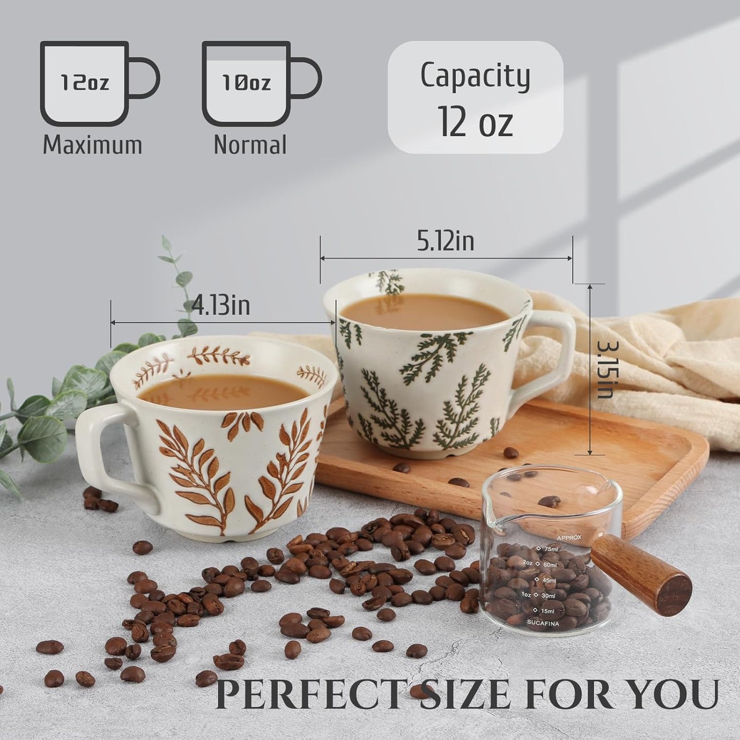 Ceramic Coffee Mug, 12 oz Novelty Unique Teacup with Large Handle, Stoneware Cup for Tea Mocha Latte Cappuccino Espresso (Set of 2, Ivy and Leaf)