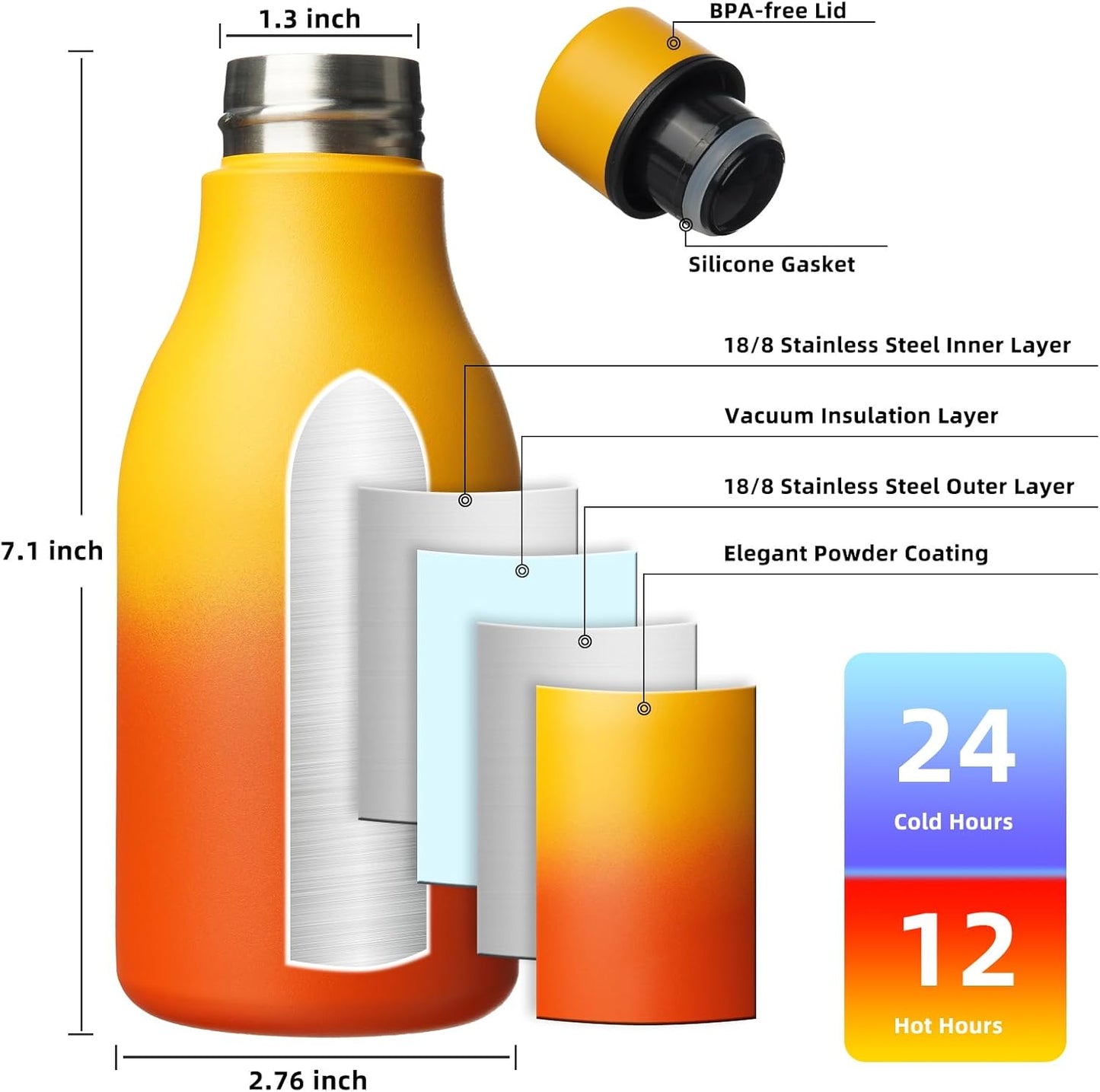 BJPKPK Insulated Water Bottles, 12oz Stainless Steel Metal Water Bottle with Strap, BPA Free Leak Proof Thermos, Mugs, Flasks, Reusable Water Bottle for Sports & Travel, Sunset Orange