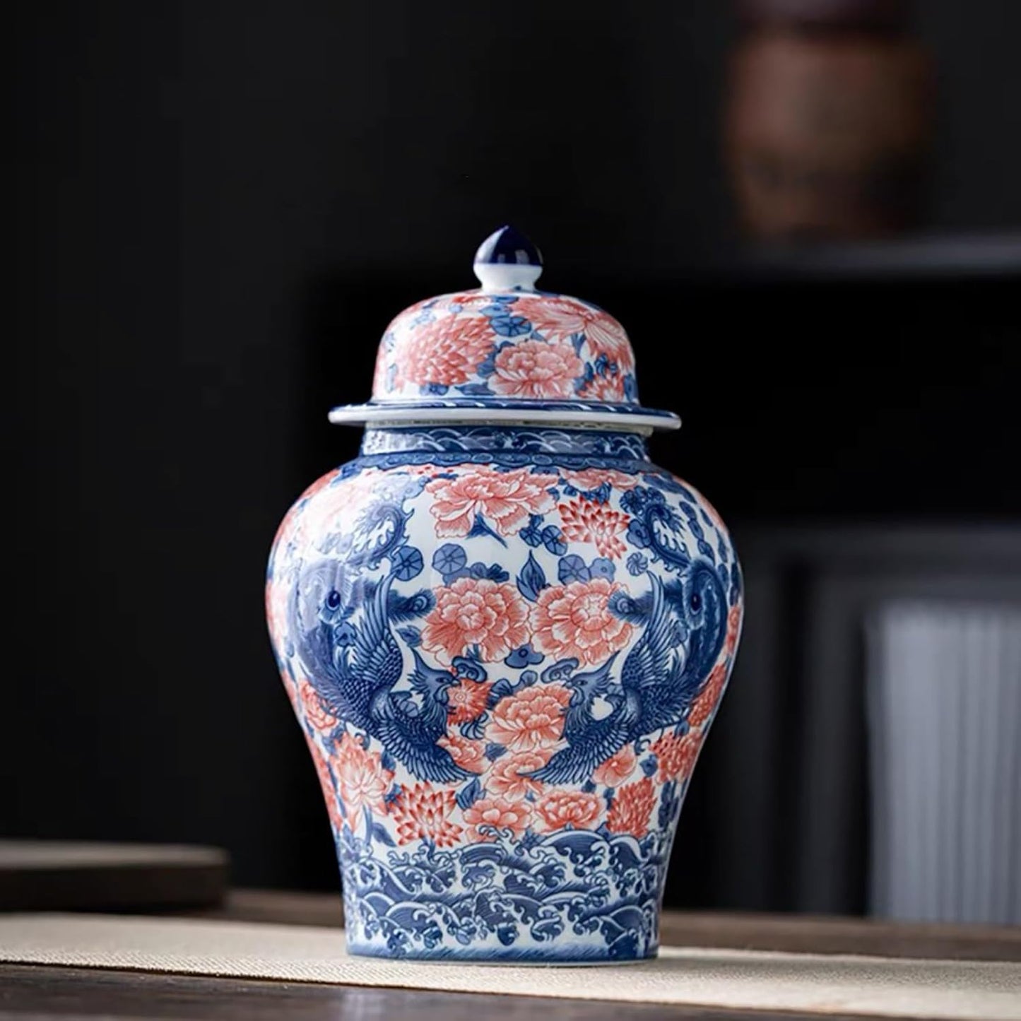 8 inches Phoenix Ginger Jar - red Ceramic Decorative with Lid flower vase， chinoiserie gift Enamel jars for Home/Kitchen/Dining/living room/shelf decor/Tea Storage