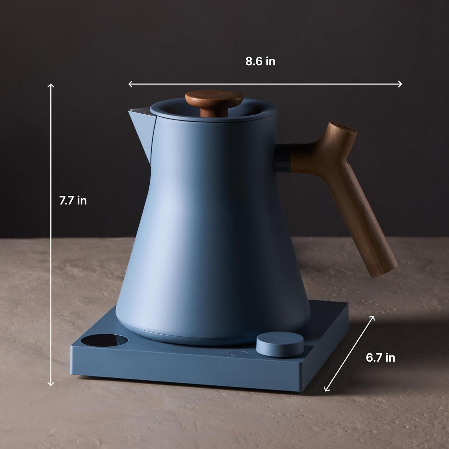 Fellow Corvo EKG Pro Electric Tea Kettle - Quick Heating, Precise Temperature Control Electric Kettle, Scheduling, Built-in Brew Timer for Boiling Water - Hazy Blue with Maple Handle - 0.9 Liter