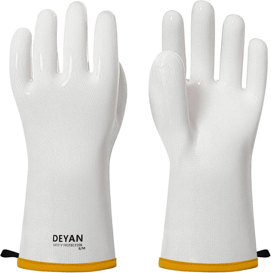 DEYAN Silicone BBQ & Oven Gloves - Food Grade, Heat Resistant Waterproof & Oil Proof Gloves for Grilling, Baking, Frying, Cooking - Long Sleeve & Non-Slip Grip, 1 Pair (White, 8/M)