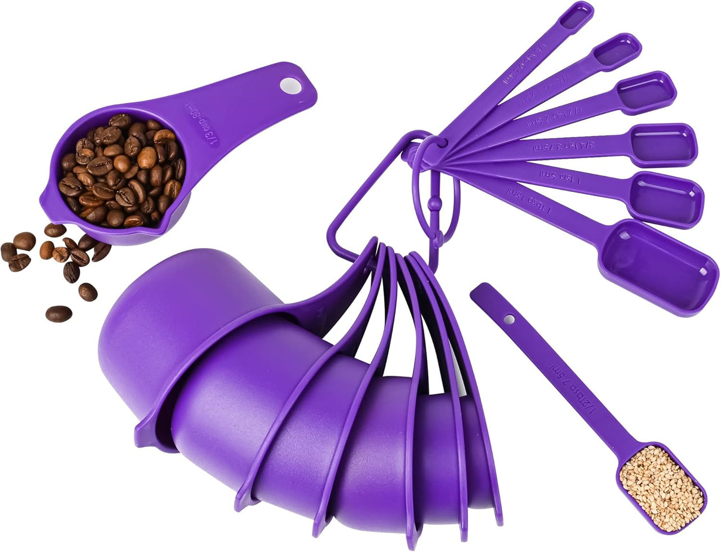Plastic Measuring Cups and Spoons Set 15, 7 Dry&Liquid Measuring Cup Spoon Set, 7 Spice Long Handle Measuring Spoons with 1 Leveler for Kitchen and Baking, Metric Measure Cups & Spoons Purple