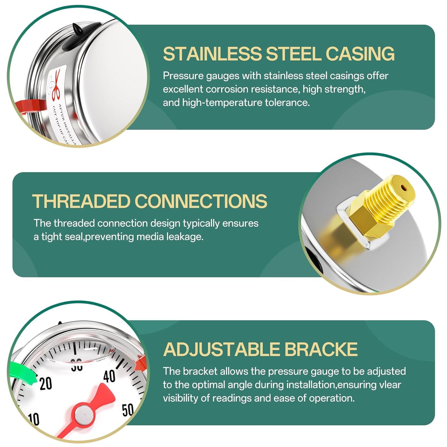 0-60psi Stainless Steel Glycerin Liquid Filled Pressure Gauge 1/8" NPT 1.5" Face Dial, Center Back Mount, for Water, Oil and Air Pressure Testing (with Range Mark Pointer)