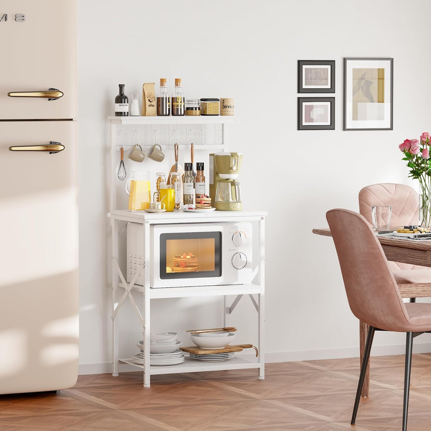 Furologee Kitchen Bakers Rack with Hutch, Coffee Bar Station 4 Tiers, Microwave Oven Stand with 6 S Hooks and Pegboard, Kitchen Microwave Rack for Spice Organizer Workstation, White