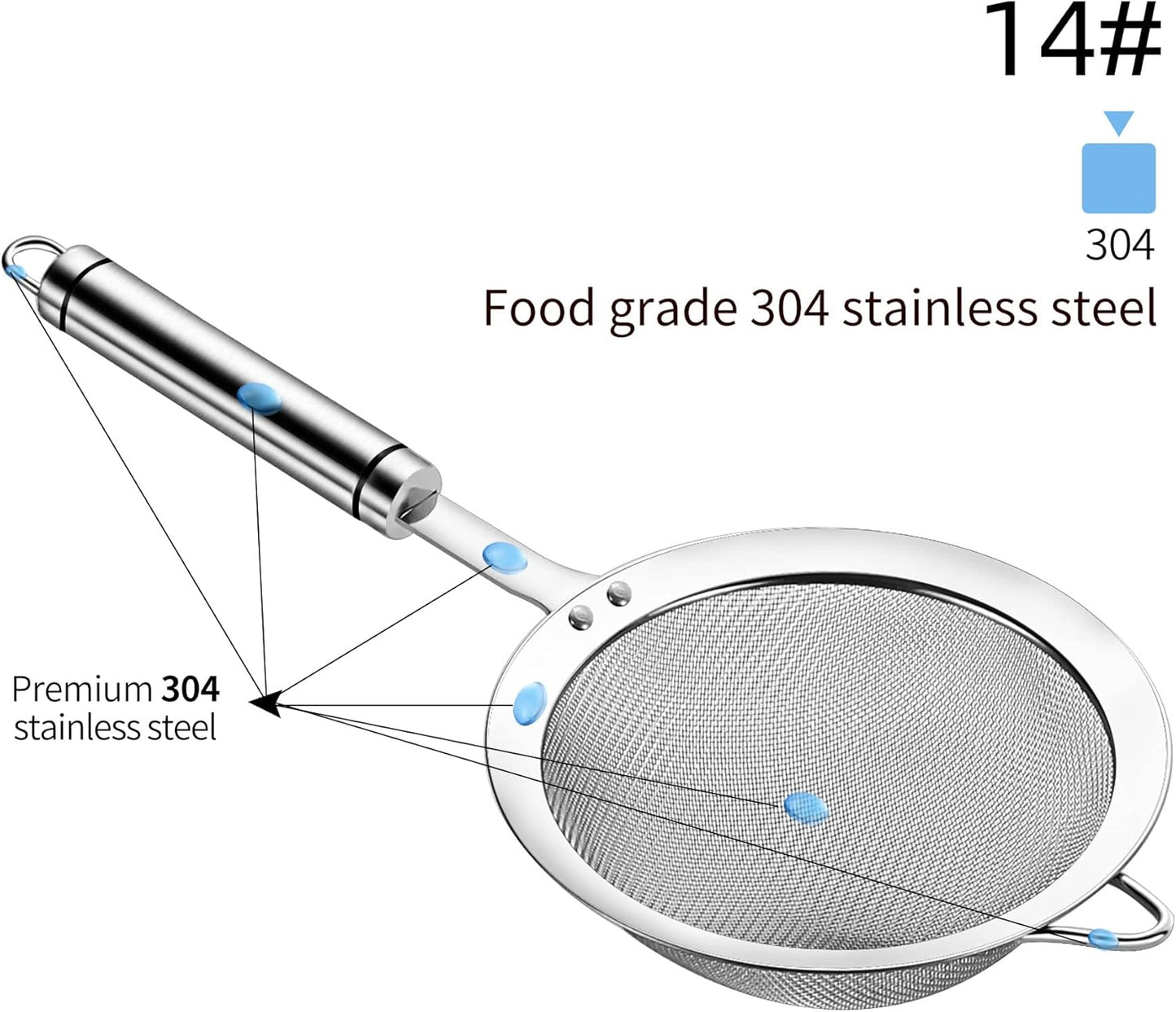 304 Stainless Steel Fine Mesh Strainers for Kitchen, Colander-Skimmer with Handle, Sieve Sifters for Food, Tea, Rice, Oil, Noodles, Fruits, Vegetable 5.51 inch Medium