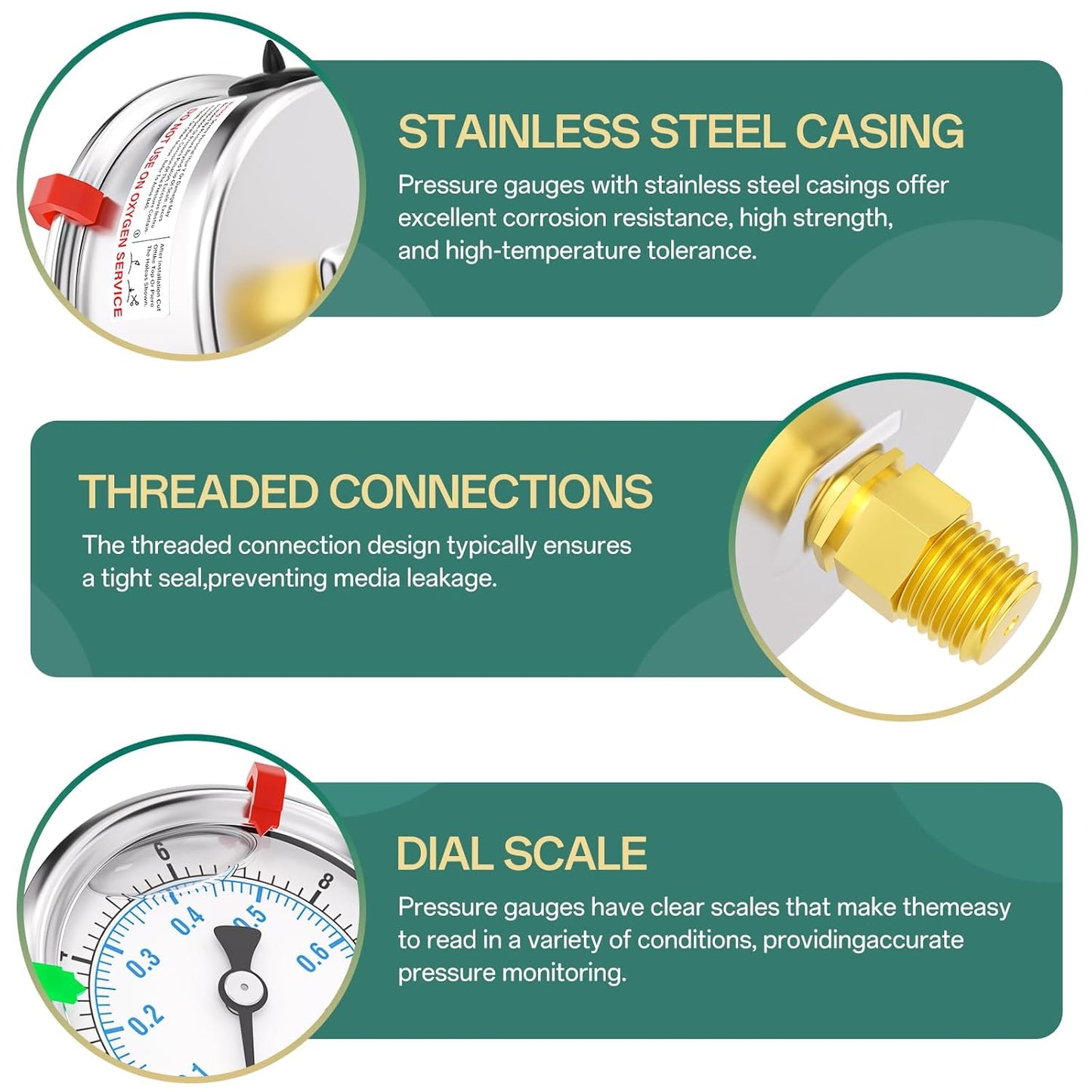 0-10PSI Stainless Steel Liquid Filled Pressure Gauge, 2.5" Dial Size, 1/4" NPT Back Mount, for Tube, Water Pump, Gas, Liquid, Pressure Test (with Range Mark Pointer)