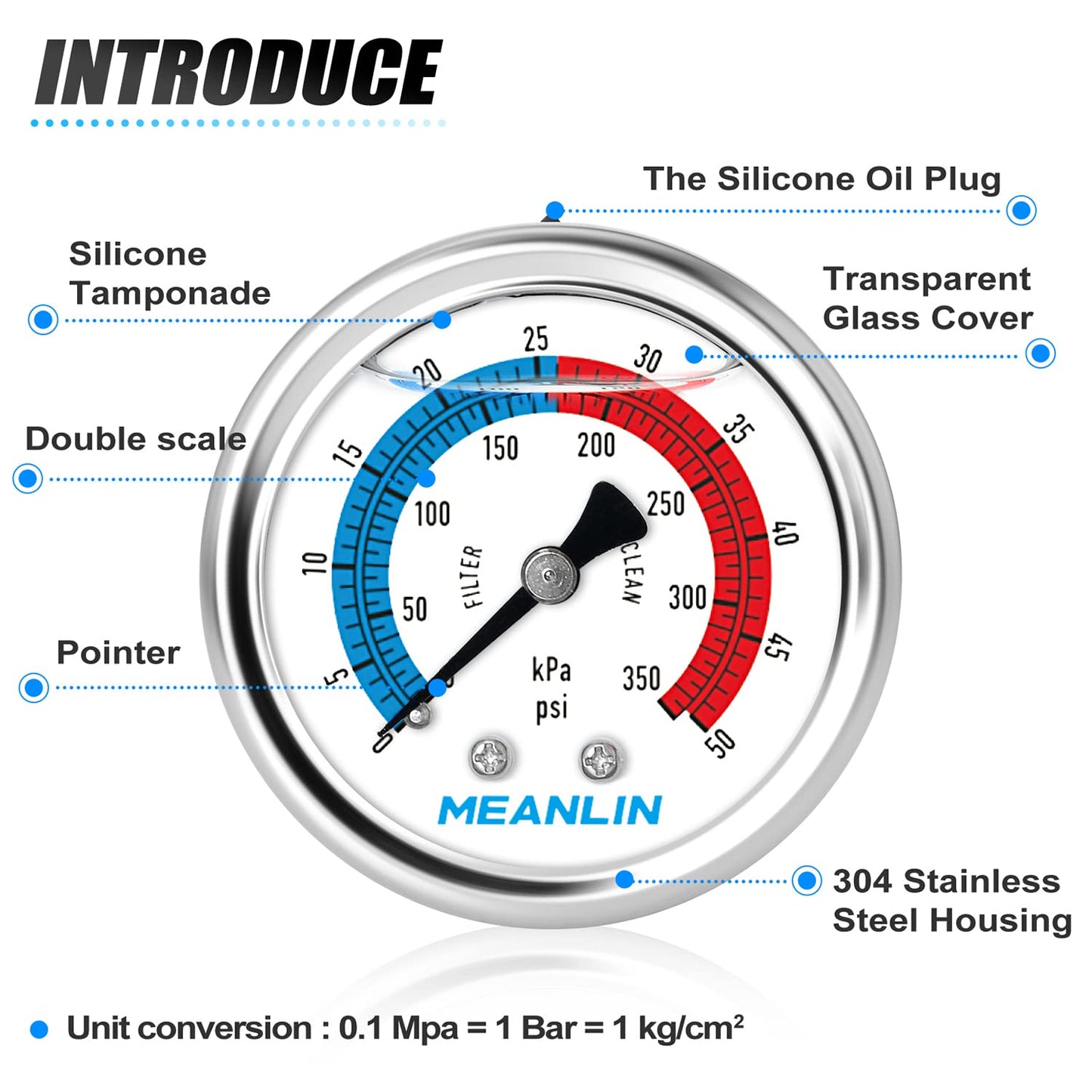 MEANLIN MEASURE 1/4" NPT 0-50psi Pressure Gauge, 2" Dial Glycerine Filled Pool Filter, 304 Stainless Steel Housing, Back Mount, with 1/2" NPT and 3/8" NPT Hex Bushing