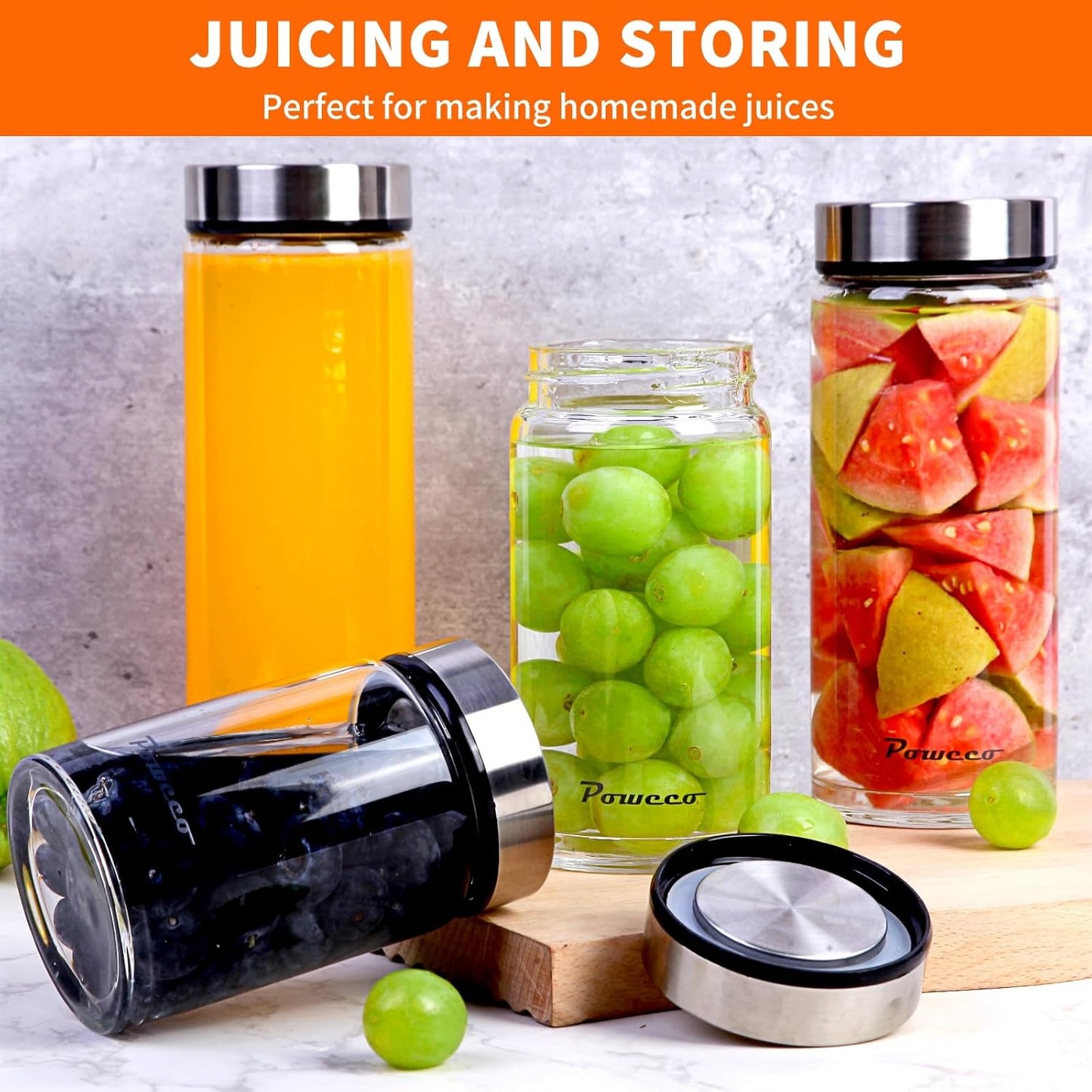 16oz Glass Juice & Water Bottles 6-Pack with Lids- Wide Mouth Reusable Borosilicate Glass- for Juicing, Smoothies, Protein Shakes, Blender & Shaker Bottle- Refillable & Dishwasher Safe(16 oz/500ml)