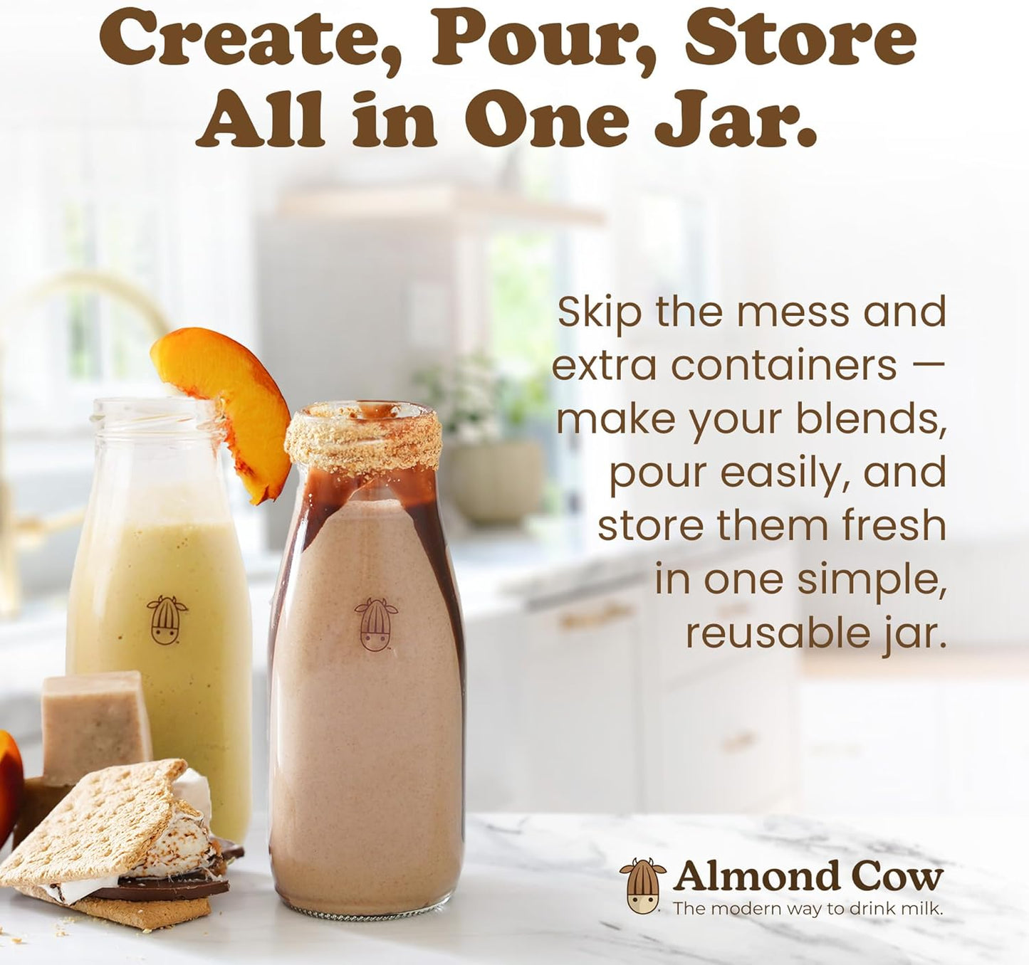Almond Cow 300ml Glass Jar with Rust-Resistant Aluminum Cap - Reusable, Eco-Friendly Storage for Plant-Based Milk, Creamers, Wellness Shots, and Ingredients - Minimalist, Vintage-Inspired Design